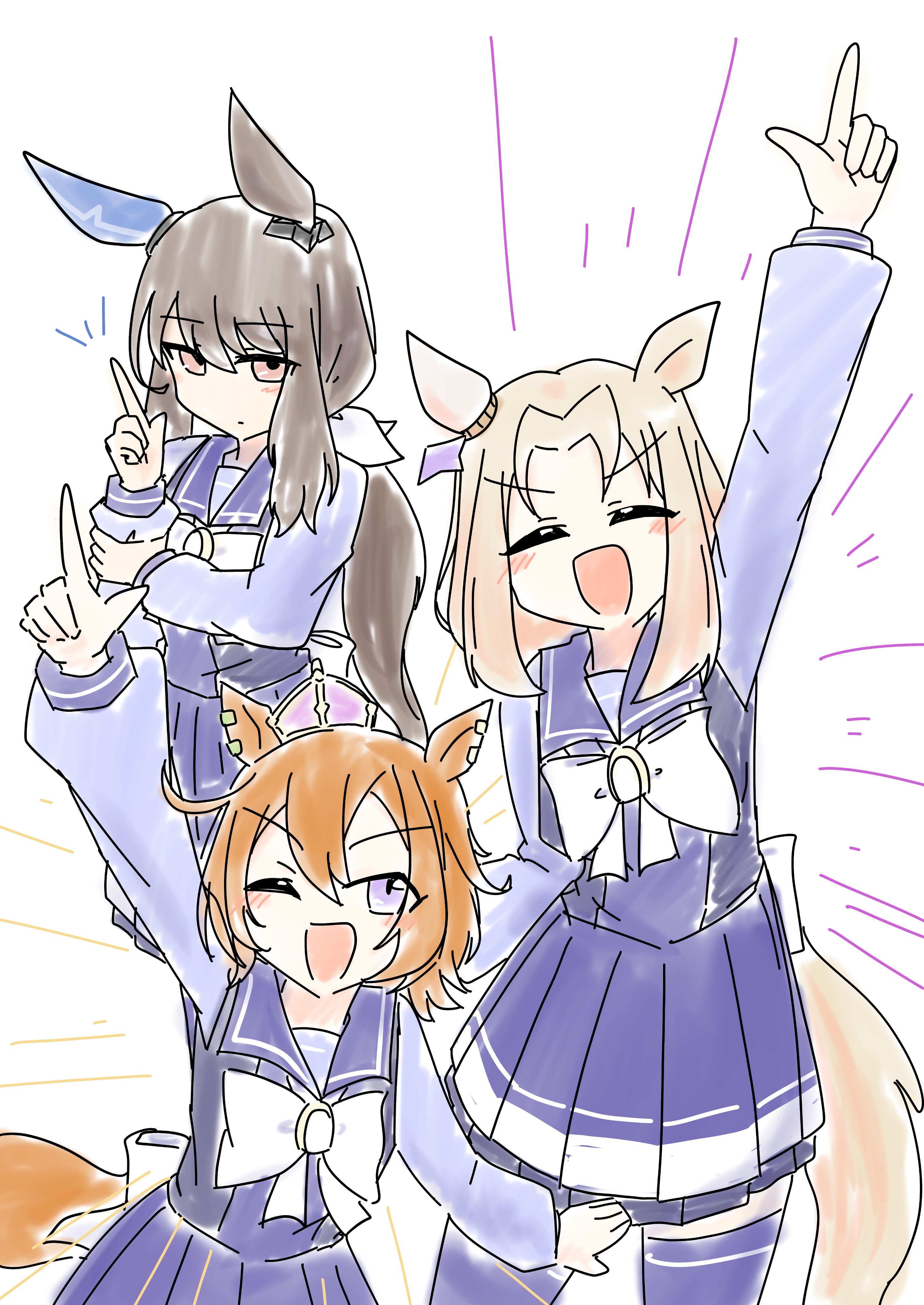 admire vega (umamusume), narita top road (umamusume), t.m. opera o (umamusume), umamusume, umamusume: road to the top, absurdres, highres, 3girls, animal ears, arm up, blonde hair, blush, bow, bowtie, breasts, brown hair, closed eyes, closed mouth, crown, ear covers, ear ornament, ear piercing, hair between eyes, hand up, horse ears, horse girl, horse tail, l hand, long hair, long sleeves, looking at viewer, low ponytail, medium hair, mini crown, multiple girls, one eye closed, open mouth, orange hair, orange tail, piercing, pink crown, pleated skirt, ponytail, purple eyes, purple sailor collar, purple serafuku, purple shirt, purple skirt, purple thighhighs, rum mouton34, sailor collar, sailor shirt, school uniform, serafuku, shirt, short hair, single ear cover, skirt, smile, tail, thighhighs, tracen school uniform, white bow, white bowtie, zettai ryouiki