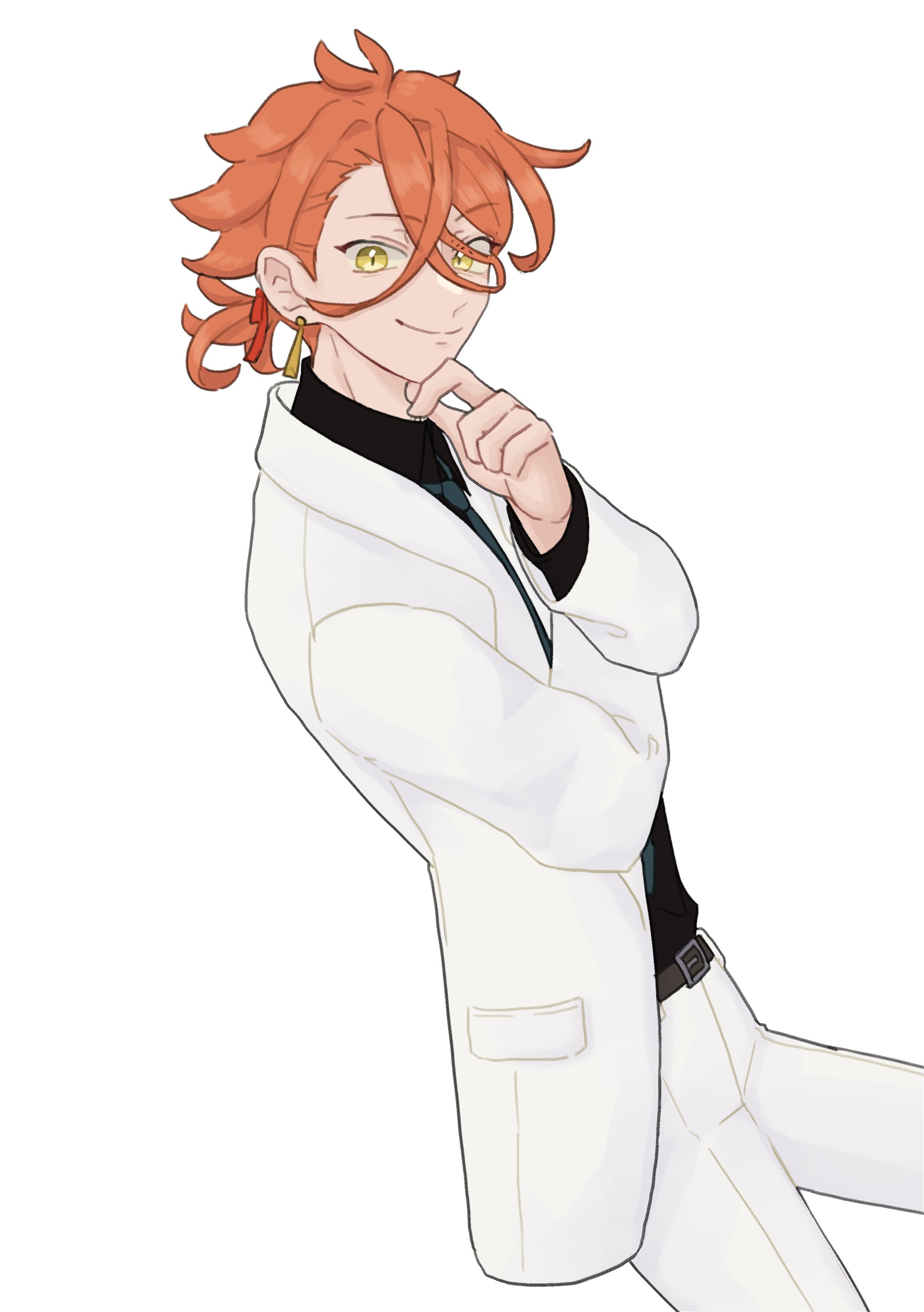 hahm0106, pandreo (fire emblem), fire emblem, fire emblem engage, nintendo, absurdres, highres, 1boy, alternate costume, antenna hair, black shirt, earrings, formal clothes, jewelry, looking at viewer, male focus, messy hair, necktie, orange hair, shirt, solo, suit, upper body, white suit, yellow eyes