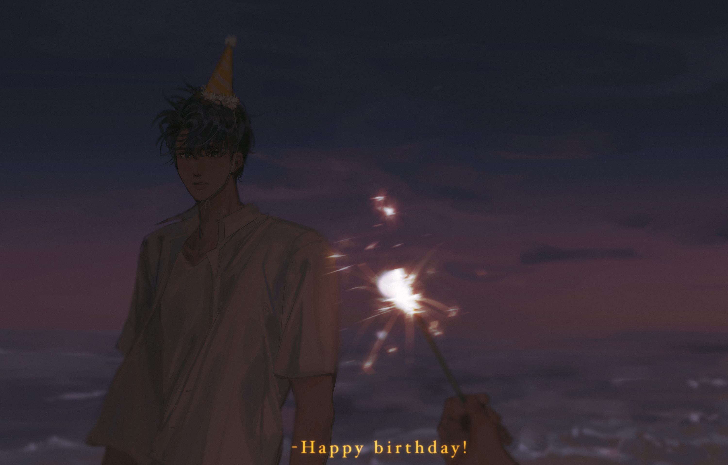 lp (sangkuranak), yoo joonghyuk, omniscient reader's viewpoint, highres, 1boy, 1other, beach, black hair, caption, cowboy shot, dark, english text, expressionless, fireworks, hat, holding, holding fireworks, horizon, looking at viewer, night, party hat, pov, pov hands, shirt, short hair, sparkler, waves, white shirt, wind