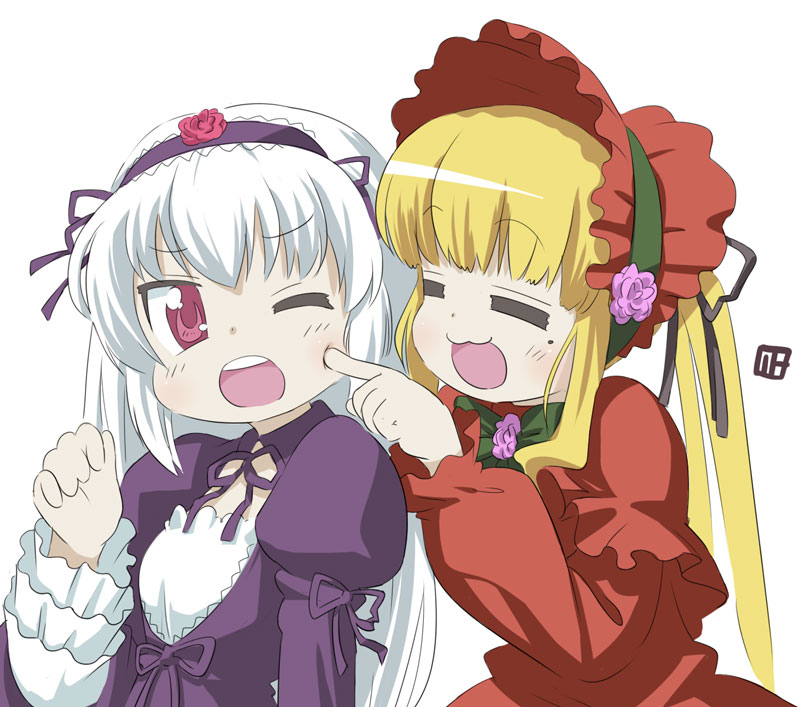 nagian, shinku, suigintou, lucky star, rozen maiden, silver hair, bad id, bad pixiv id, 00s, 2girls, :3, blonde hair, cheek poking, closed eyes, multiple girls, one eye closed, poking, wink