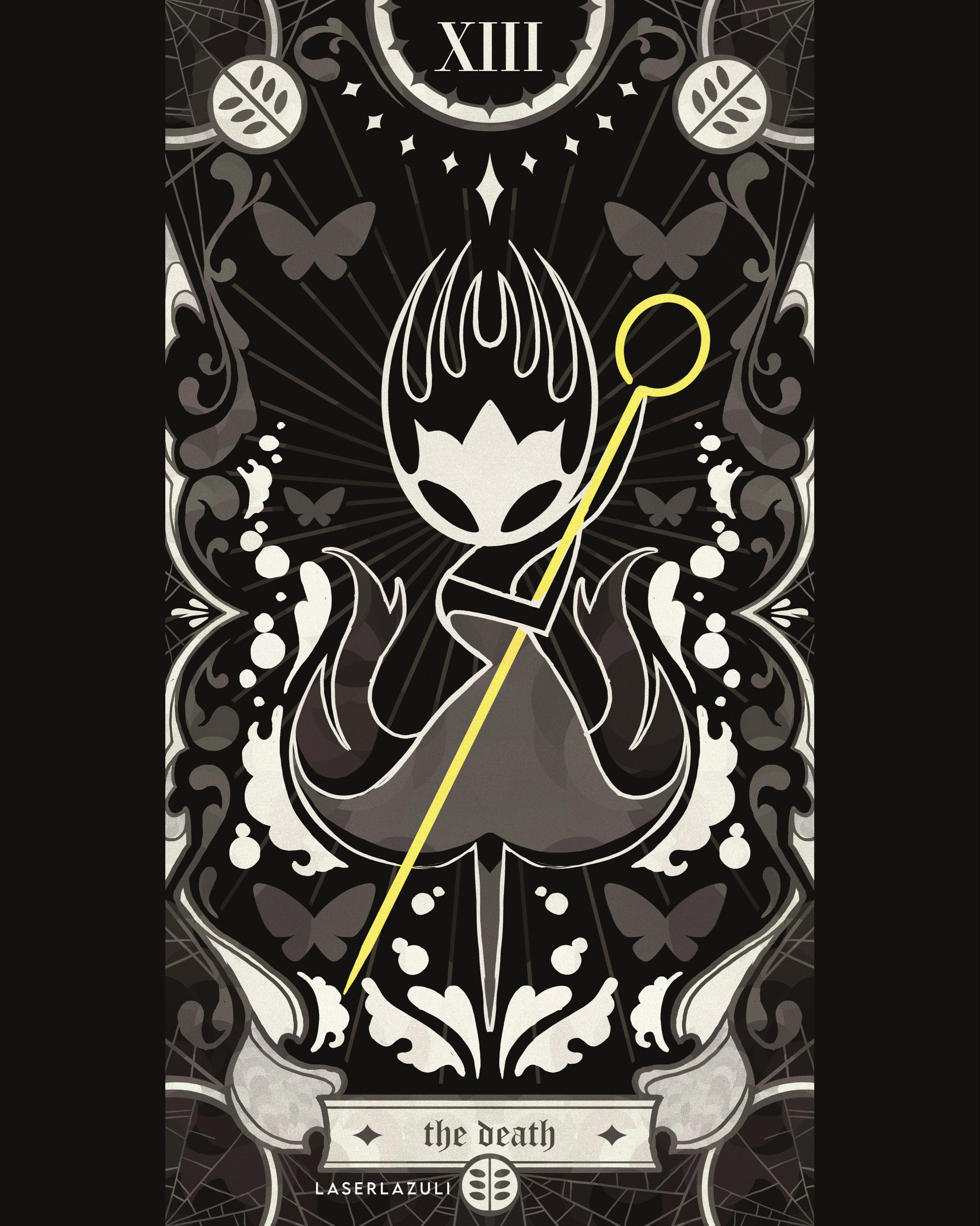 laserlazuli, phantom (hollow knight), hollow knight, hollow knight: silksong, absurdres, commentary, english commentary, highres, 1other, artist name, black skin, bug, butterfly, card (medium), colored skin, death (tarot), dress, english text, full body, holding, holding polearm, holding weapon, hollow eyes, insect, mask, pillarboxed, pin (hollow knight), polearm, silk, solo, spider web, spot color, tarot, tarot (medium), weapon
