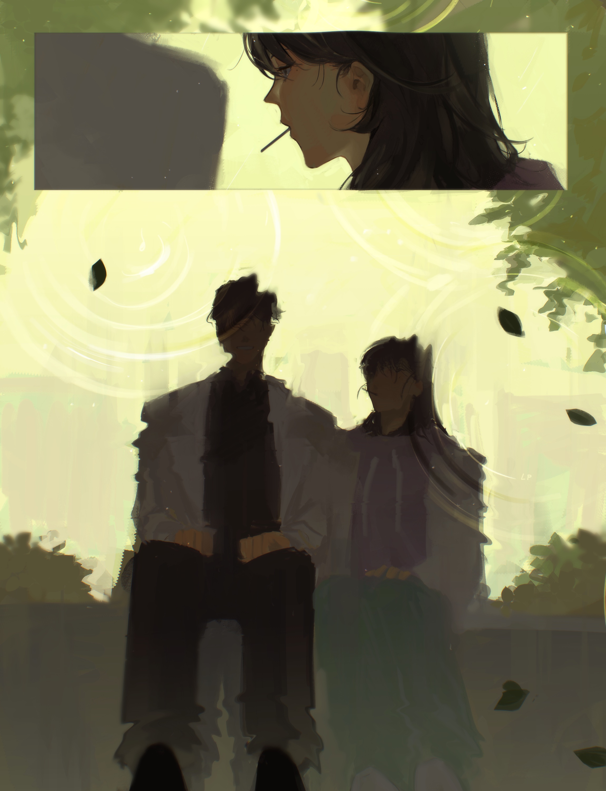 lp (sangkuranak), han sooyoung, kim dokja, omniscient reader's viewpoint, absurdres, highres, 1boy, 1girl, black hair, bush, coat, faceless, falling leaves, hands on lap, hetero, hood, hoodie, leaf, lollipop in mouth, looking at reflection, pov, purple hoodie, reflection, reflection focus, ripples, short hair, sitting, white coat, zoom layer