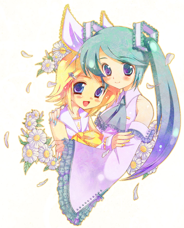 sokomushi, hatsune miku, kagamine rin, vocaloid, bad id, bad pixiv id, 2girls, aqua eyes, aqua hair, bare shoulders, blonde hair, blue eyes, blush, detached sleeves, fingernails, floral background, flower, frills, green hair, hair ornament, hairclip, hand on another's shoulder, long hair, long sleeves, looking at viewer, multiple girls, nail polish, necktie, open mouth, petals, ribbon, shirt, short hair, sleeveless, sleeveless shirt, sleeves past wrists, smile, twintails, upper body, white shirt, wide sleeves