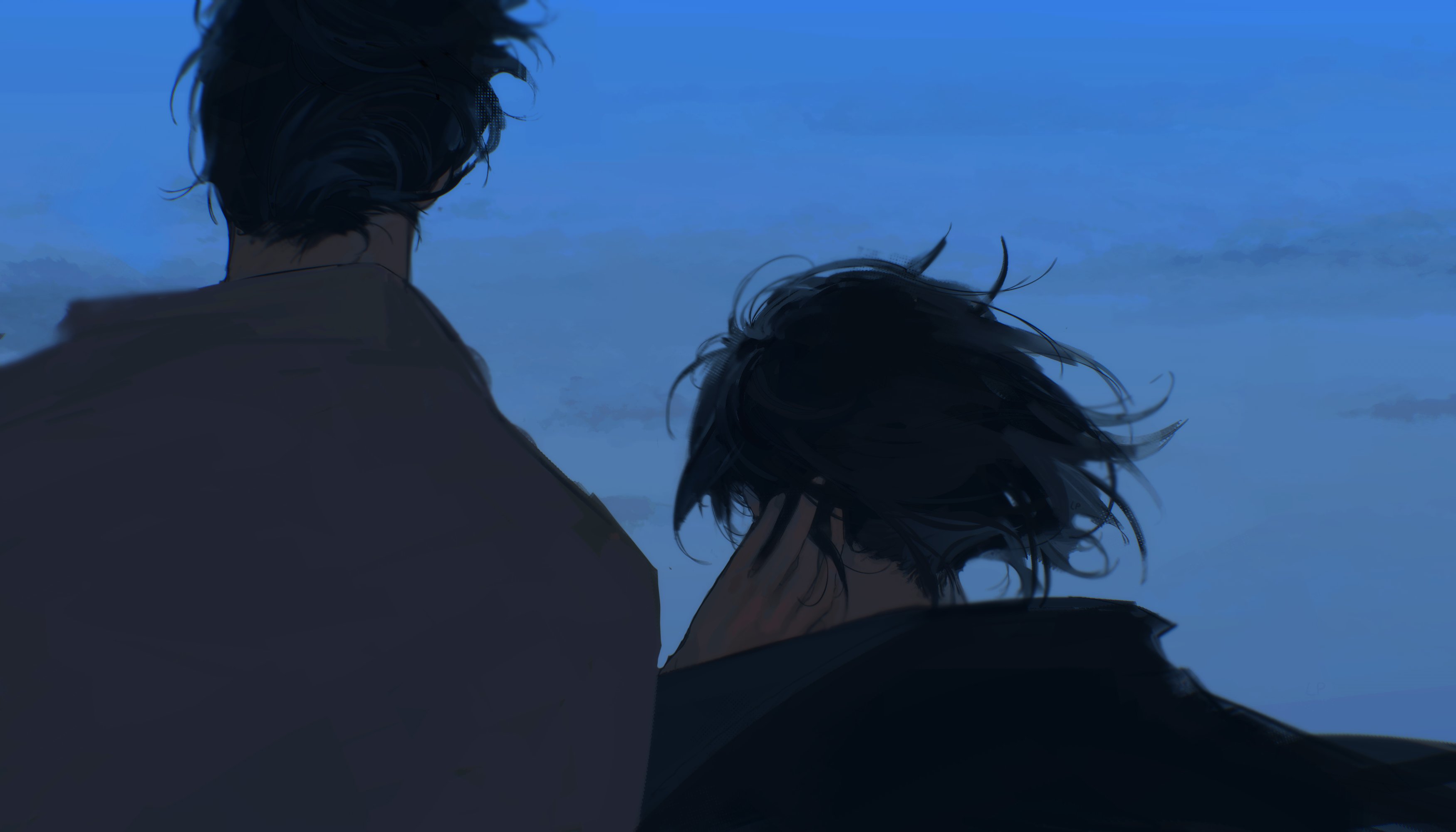 lp (sangkuranak), han sooyoung, kim dokja, omniscient reader's viewpoint, absurdres, highres, 1boy, 1girl, black hair, blue theme, dark, day, from behind, hair flowing over, head tilt, looking at another, outdoors, scratching head, short hair, sunrise, upper body, wind