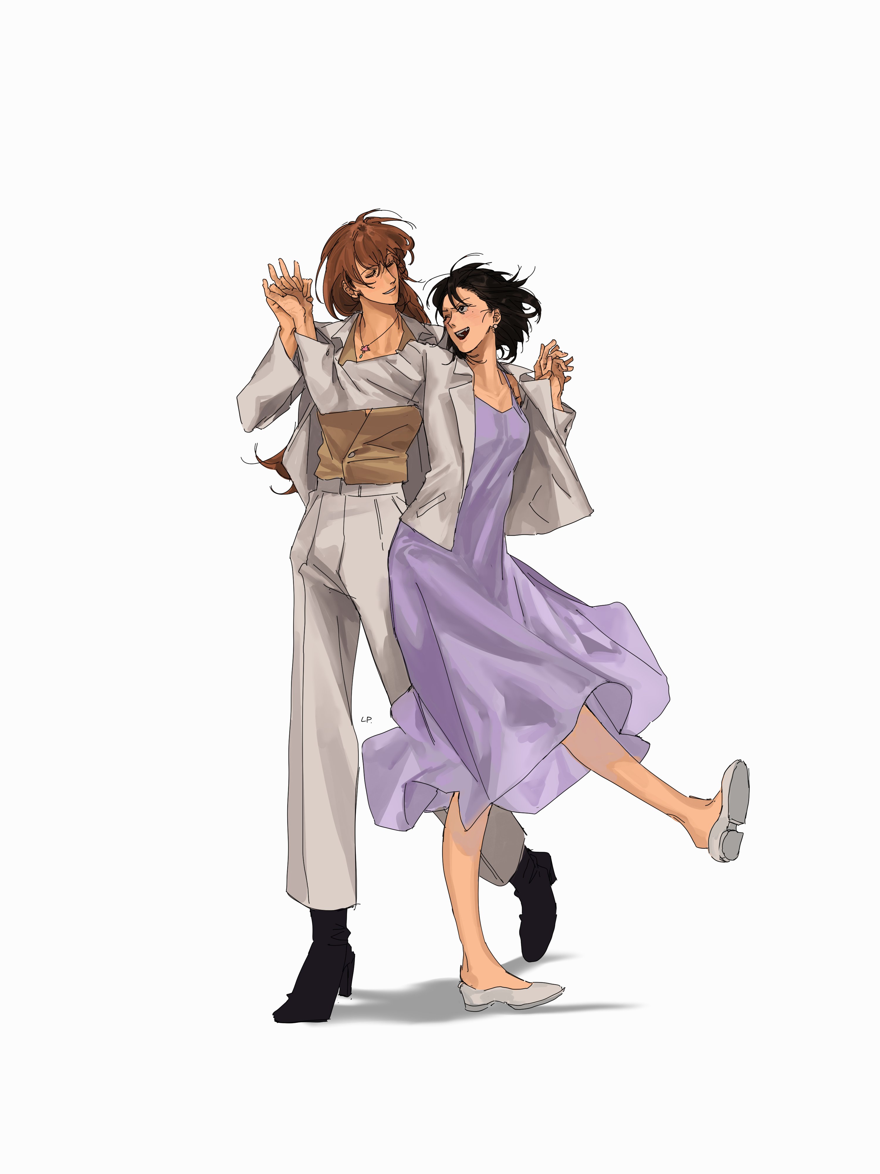 lp (sangkuranak), han sooyoung, yoo sangah, omniscient reader's viewpoint, absurdres, highres, 2girls, :d, black hair, bob cut, brown hair, corset, dancing, dress, full body, grin, holding hands, jacket, jewelry, leg up, long hair, looking at another, multiple girls, open mouth, pendant, purple dress, sandals, short hair, slippers, smile, standing, white jacket, yuri