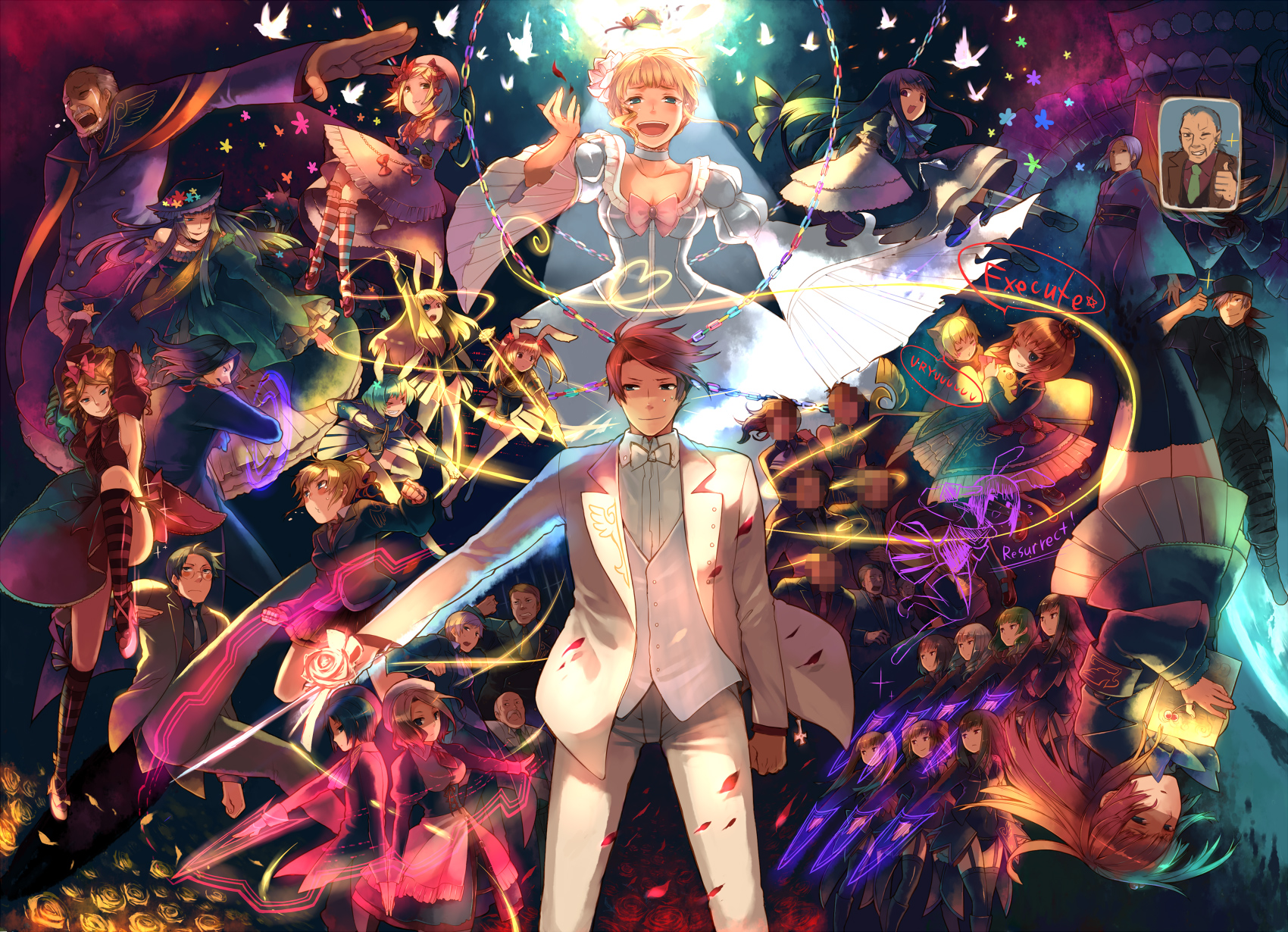 hanokage, amakusa juuza, asmodeus (umineko), beatrice (umineko), beelzebub (umineko), belphegor (umineko), chiester00, chiester410, chiester45, chiester556, chiester sisters, eva beatrice, frederica bernkastel, gaap (umineko), goatman (umineko), gouda toshirou, kanon (umineko), lambdadelta, leviathan (umineko), lucifer (umineko), mammon (umineko), maria (umineko), nanjou terumasa, okonogi tetsurou, ronoue genji, ronove (umineko), sakutarou (umineko), satan (umineko), shannon (umineko), stakes of purgatory, sumadera kasumi, ushiromiya ange, ushiromiya battler, ushiromiya eva, ushiromiya george, ushiromiya hideyoshi, ushiromiya jessica, ushiromiya kinzou, ushiromiya krauss, ushiromiya kyrie, ushiromiya natsuhi, ushiromiya rosa, ushiromiya rudolf, virgilia (umineko), 07th expansion, no naku koro ni (series), umineko no naku koro ni, highres, 6+boys, 6+girls, :3, angry, animal ears, aqua hair, armband, ass, back-to-back, bird, black hair, blonde hair, blood, blue eyes, blush, book, bow, breasts, bride, brown eyes, brown hair, cat ears, cat tail, censored, cleavage, closed eyes, crazy eyes, crown, dress, drill hair, epic, everyone, eyepatch, facial hair, fake censor, flower, footwear ribbon, frills, glasses, green hair, hair bobbles, hair bow, hair ornament, hat, heart, holding, jacket, japanese clothes, kimono, long hair, mary janes, mini hat, mini top hat, multicolor, multiple boys, multiple girls, mustache, necktie, nosebleed, one eye closed, orange hair, panties, parody, petals, pink hair, ponytail, purple eyes, rabbit ears, red eyes, red hair, ribbon, ringlets, sad, sash, scepter, shoes, short hair, showgirl skirt, tail, tears, thighhighs, top hat, twintails, underwear, very long hair, wedding dress, white hair, wink, zettai ryouiki