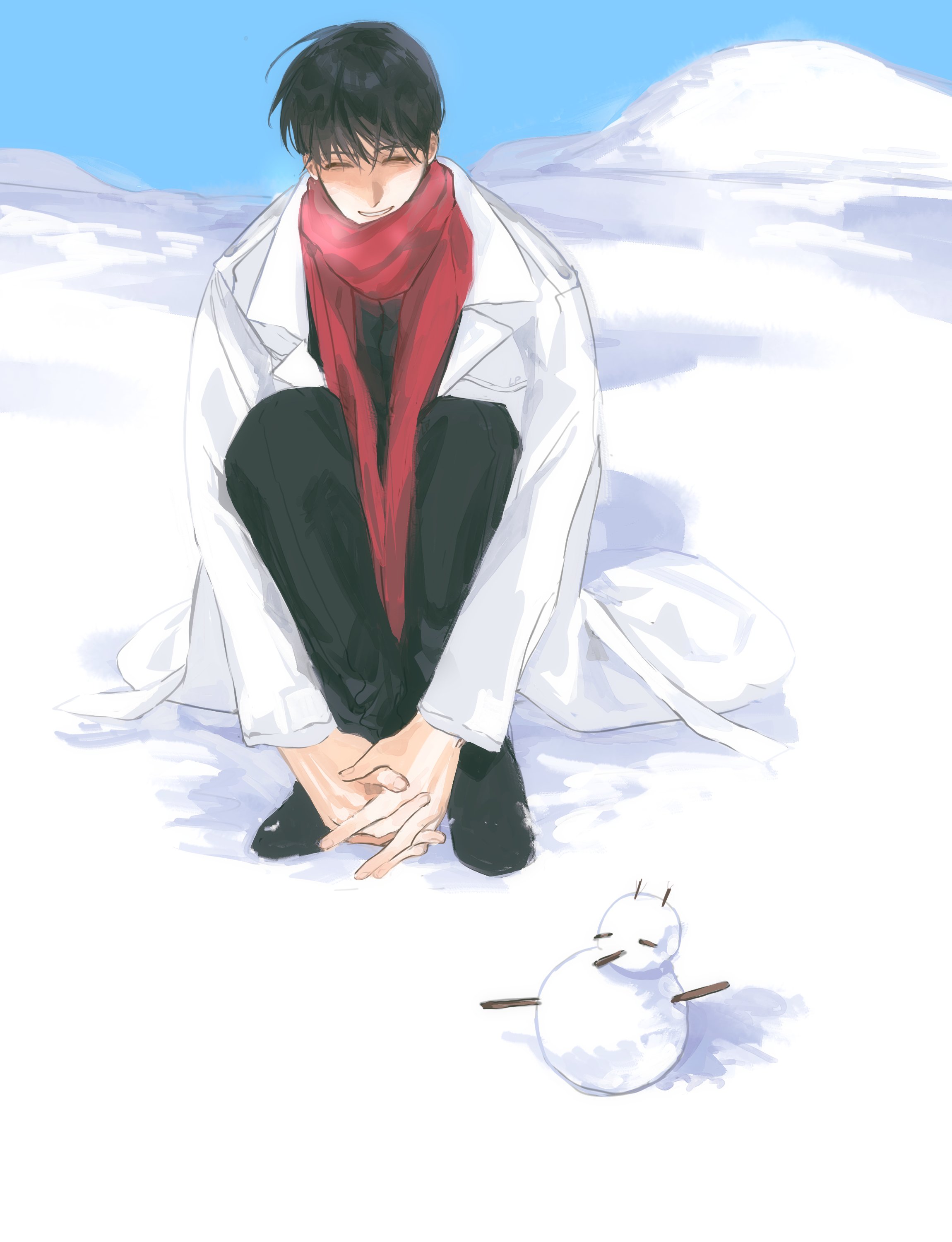 lp (sangkuranak), kim dokja, omniscient reader's viewpoint, absurdres, highres, 1boy, black hair, blush, coat, curled up, facing viewer, full body, hugging own legs, looking at viewer, on ground, red scarf, scarf, short hair, sitting, smile, snow, snowman, solo, white coat