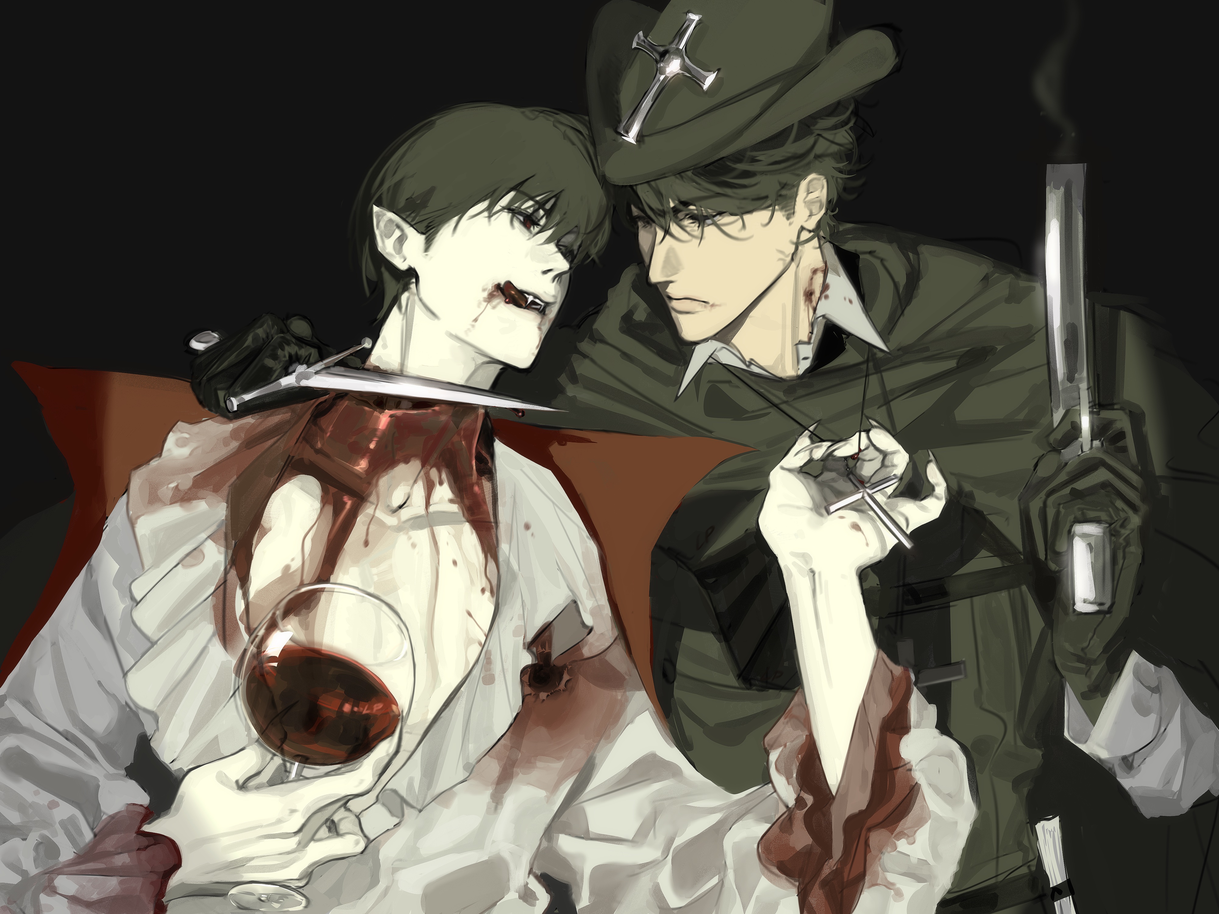lp (sangkuranak), kim dokja, yoo joonghyuk, omniscient reader's viewpoint, absurdres, highres, 2boys, alcohol, alternate costume, black eyes, black gloves, black hair, blood, blood from mouth, blood splatter, blood stain, blouse, bullet hole, chalice, coat, cross pendant, cup, dagger, gloves, gun, hat, holding, holding cup, holding dagger, holding gun, holding knife, holding weapon, imminent death, implied murder, knife, looking at another, male focus, multiple boys, necklace pull, open clothes, open coat, pointy ears, red wine, serious, sharp teeth, shirt, short hair, slit throat, teeth, weapon, white shirt, wine