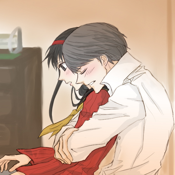 gogono pan'ya, amagi yukiko, narukami yu, atlus, persona, persona 4, 1boy, 1girl, blush, couple, hairband, hetero, hug, hug from behind, necktie