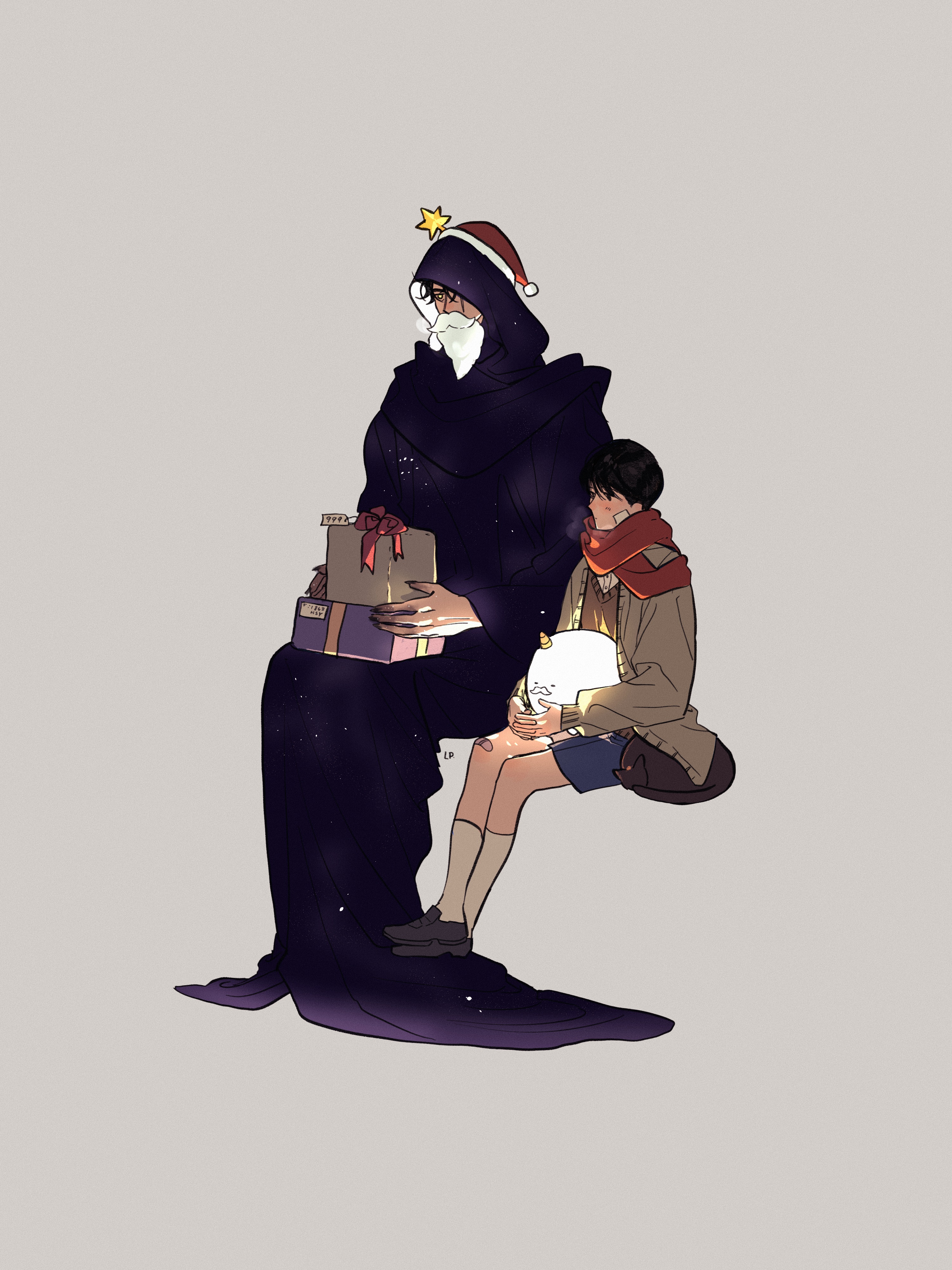 lp (sangkuranak), biyoo (omniscient reader's viewpoint), secretive plotter, omniscient reader's viewpoint, absurdres, highres, 2boys, animal, bandage on face, bandages, bandaid, bandaid on knee, bandaid on leg, black hair, brown vest, cat, cloak, coat, curled up, full body, gift, hat, holding, holding gift, hood, hood up, hooded cloak, male focus, multiple boys, oldest dream, red scarf, santa hat, scarf, shirt, short hair, sitting, socks, starry sky print, vest, white beard, white shirt, white socks, yellow coat, yellow eyes
