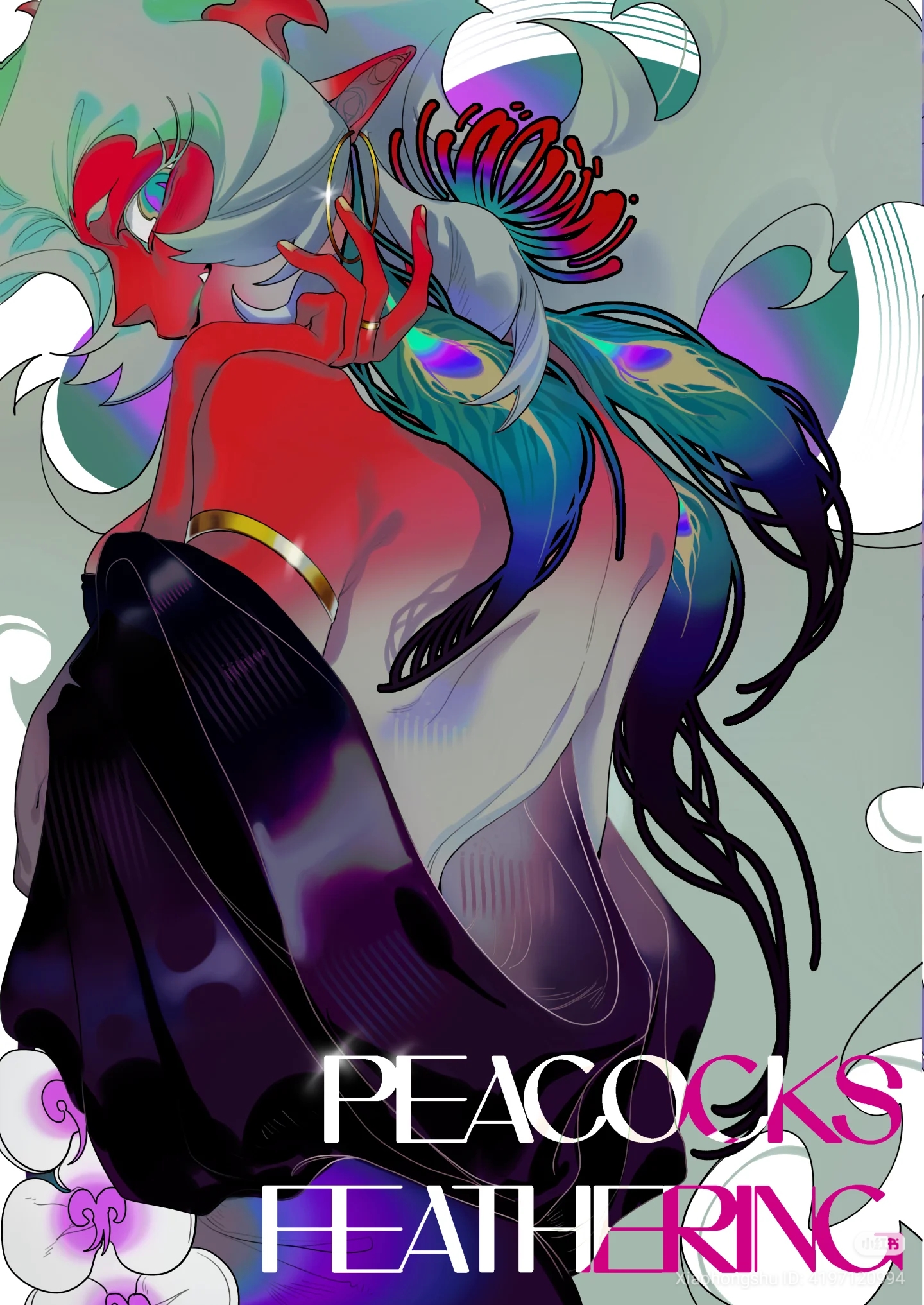 guru.zong, scanty (psg), panty & stocking with garterbelt, xiaohongshu, gold armlet, bad source, highres, 1girl, absurdly long hair, armlet, artist name, backless dress, backless outfit, bare arms, bare back, bare shoulders, black dress, circle, closed mouth, colored skin, curvy, demon girl, demon horns, dress, earrings, english text, fang, fang out, flower, glint, gold earrings, gradient clothes, gradient dress, gradient eyes, green eyes, green lips, hair flower, hair ornament, hand on own neck, hand up, head tilt, hoop earrings, horns, jewelry, long dress, long eyelashes, long hair, long sidelocks, looking at viewer, makeup, mature female, multicolored eyes, nail polish, orchid, peacock feathers, pointed bangs, pointy ears, purple dress, purple eyes, raised eyebrows, red flower, red horns, red skin, sidelocks, sideways glance, simple background, sleeveless, sleeveless dress, slit pupils, smile, solo, spider lily, standing, strapless, strapless dress, two-tone dress, two-tone eyes, upper body, very long hair, white background, white flower, white nails