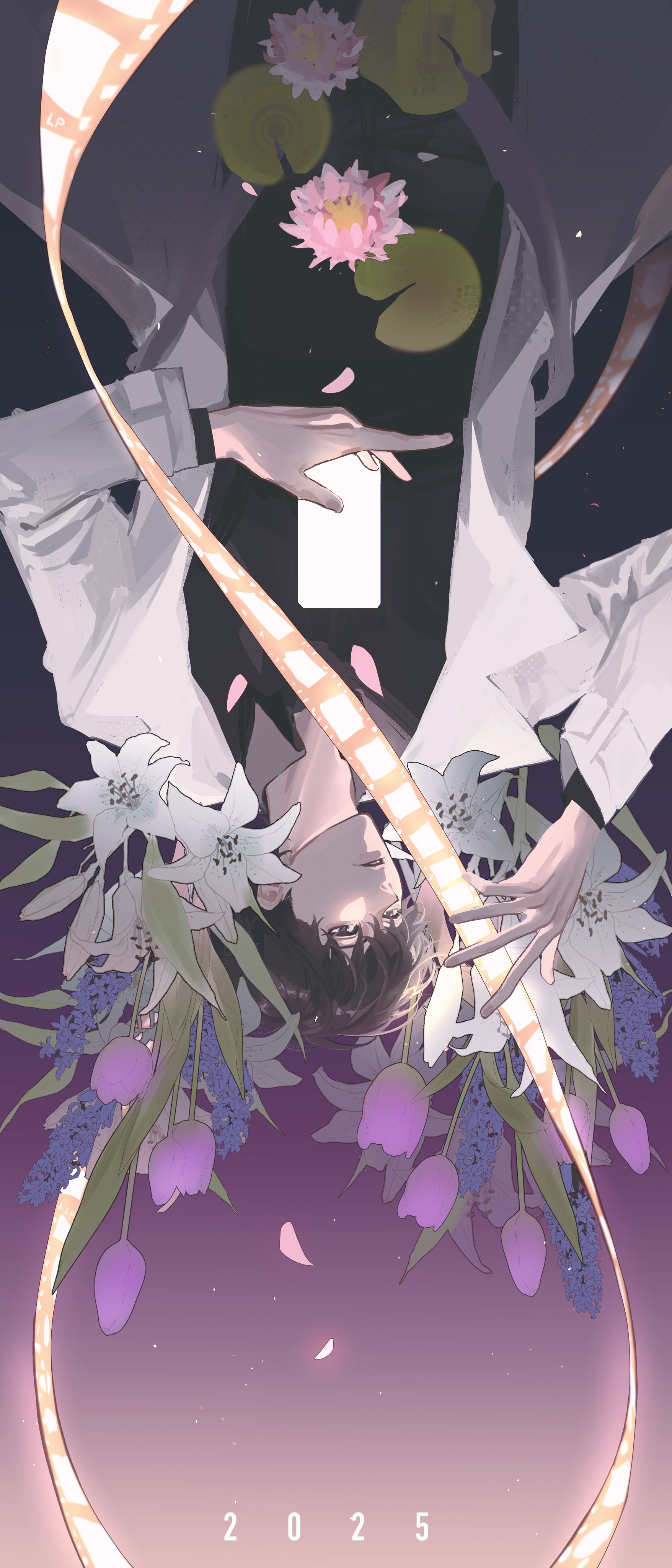 lp (sangkuranak), kim dokja, omniscient reader's viewpoint, white lily, absurdres, highres, 1boy, 2025, :o, black eyes, black hair, black shirt, blue flower, bud, coat, cowboy shot, falling petals, film reel, flower, grape hyacinth, holding, holding phone, hyacinth, infinity symbol, leaf, lily (flower), lily pad, male focus, open clothes, open coat, parted lips, petals, phone, popped collar, purple flower, purple tulip, shirt, short hair, solo, tulip, upside-down, water lily flower, white coat, white flower