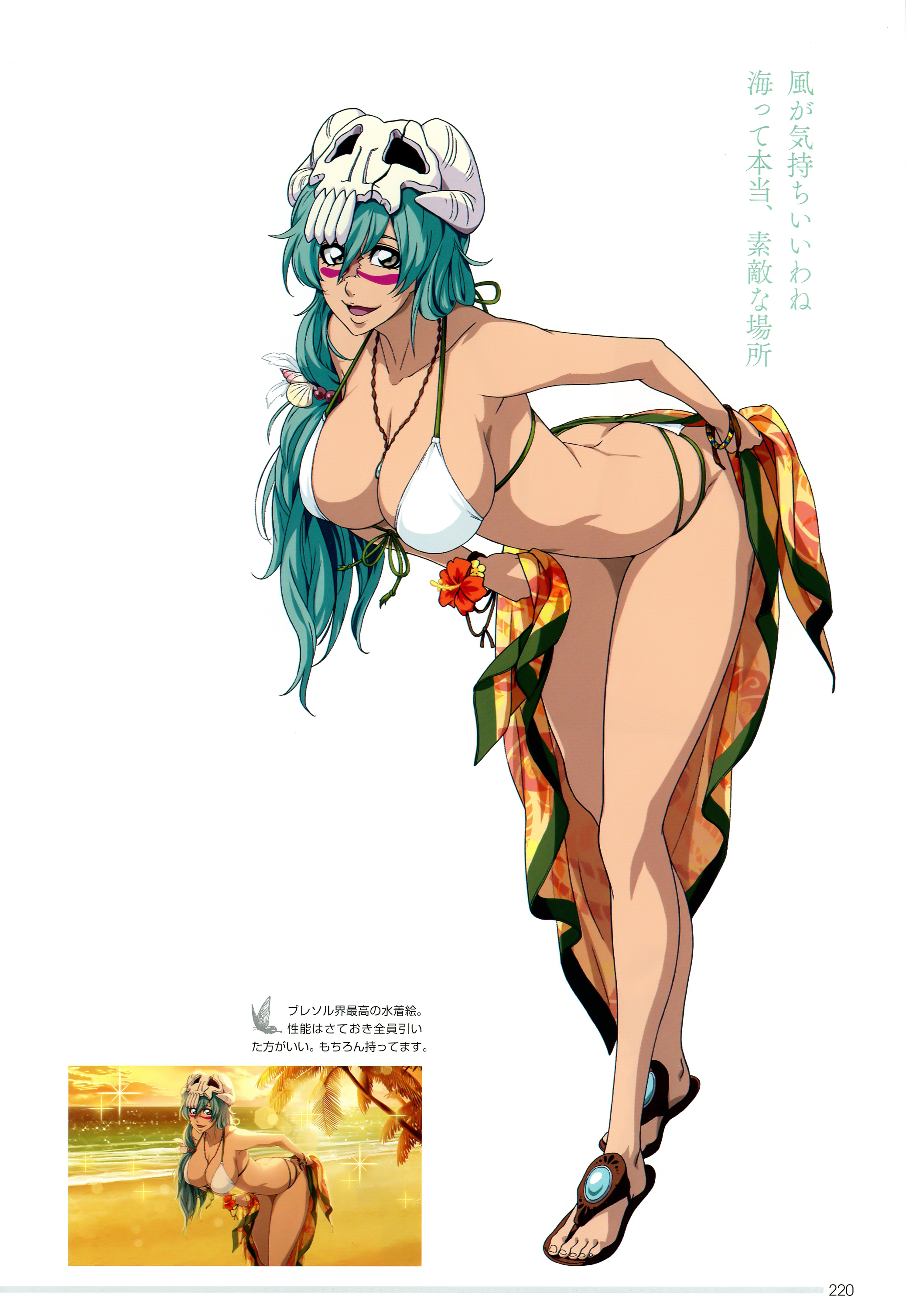 nelliel tu odelschwanck, bleach, bleach: brave souls, highres, official art, scan, translation request, 1girl, arrancar, beach, bikini, breasts, brown eyes, curvy, facial mark, full body, green eyes, green hair, hair between eyes, hair ornament, helmet, large breasts, long hair, looking at viewer, multi-strapped bikini bottom, multiple views, navel, open mouth, outdoors, parted lips, simple background, skull hair ornament, smile, standing, swimsuit, white background, white bikini, wide hips