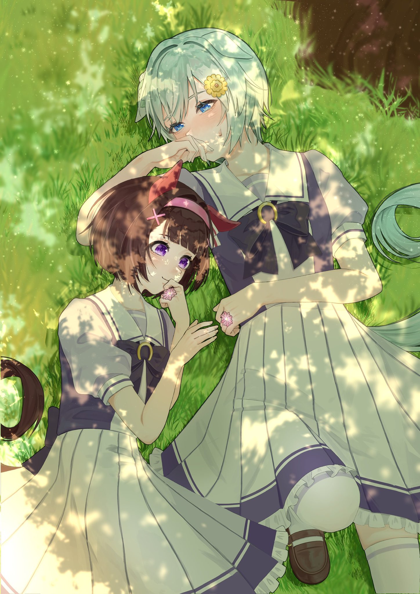 sango0707315, nishino flower (umamusume), seiun sky (umamusume), umamusume, highres, 2girls, animal ears, blue eyes, blunt bangs, blush, bow, bowtie, brown hair, closed mouth, ear covers, ears down, flower, grass, grey hair, hair between eyes, hair flower, hair ornament, hairband, hairclip, horse ears, horse girl, horse tail, lying, multiple girls, on back, on side, outdoors, pink hairband, pleated skirt, puffy short sleeves, puffy sleeves, purple bow, purple bowtie, purple eyes, purple shirt, sailor collar, sailor shirt, school uniform, shirt, shoes, short hair, short sleeves, single ear cover, skirt, smile, sunflower, sunflower hair ornament, tail, thighhighs, tracen school uniform, tree, white sailor collar, white skirt, white thighhighs, x hair ornament