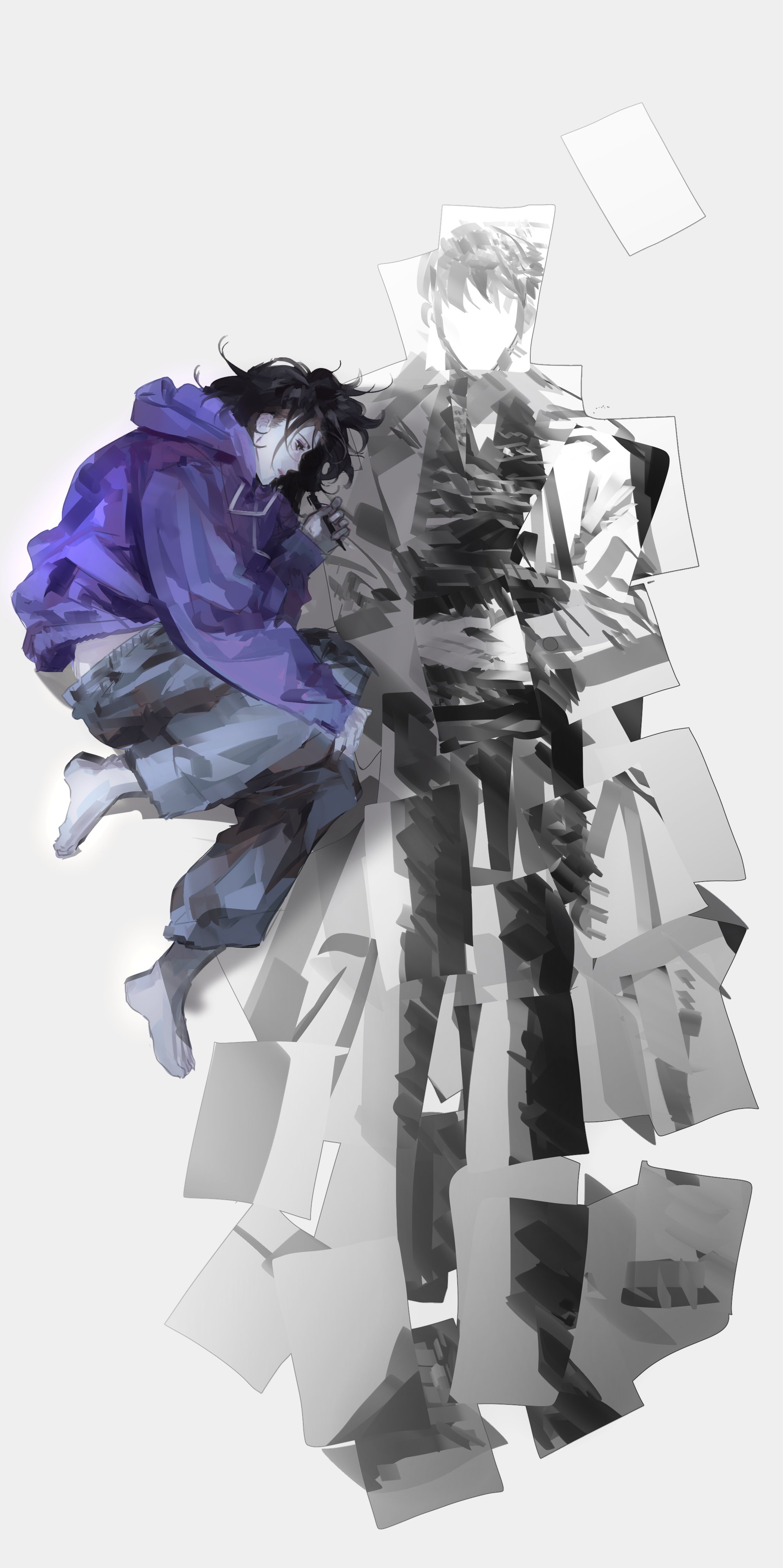 lp (sangkuranak), han sooyoung, kim dokja, omniscient reader's viewpoint, absurdres, highres, 1girl, black eyes, black hair, bob cut, curled up, denim, from above, holding, holding pen, hood, hood down, hoodie, jeans, midriff, on ground, pants, paper, pen, purple hoodie, short hair, sketch, socks, superimposition, too many papers, white socks