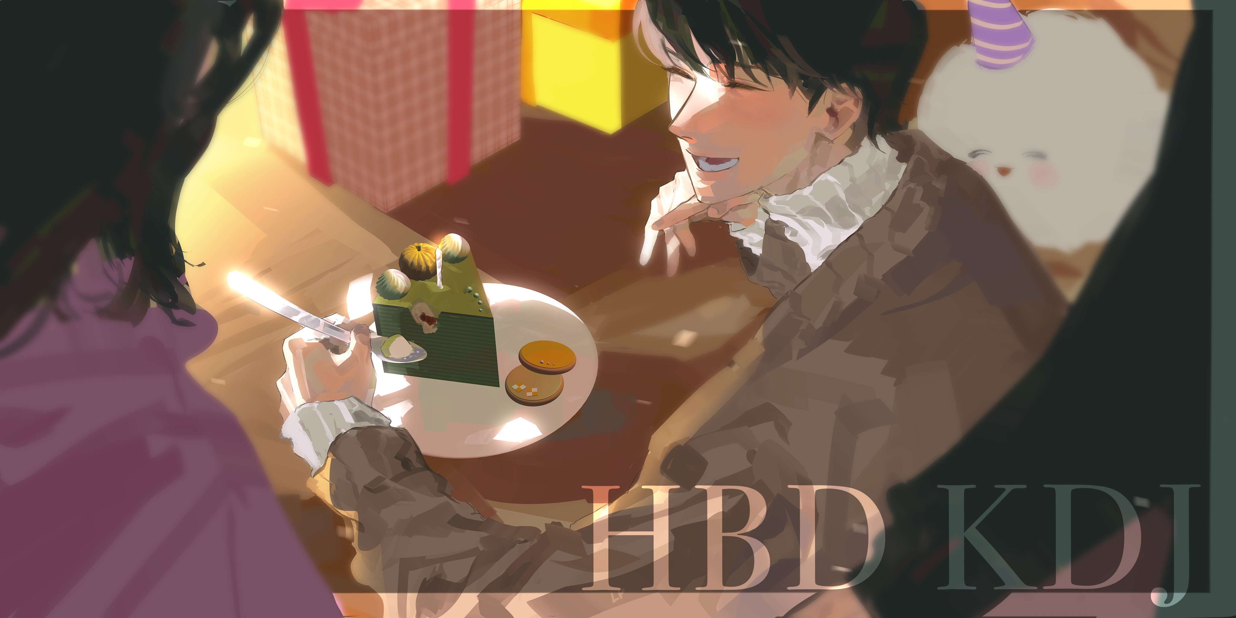 lp (sangkuranak), biyoo (omniscient reader's viewpoint), yoo joonghyuk, omniscient reader's viewpoint, absurdres, highres, 1boy, 1girl, 1other, black hair, black shirt, cake, closed eyes, coat, cookie, food, gift, grin, happy birthday, holding, holding spoon, out of frame, plate, pov, purple shirt, shirt, short hair, smile, spoon, table, turtleneck, whipped cream, white shirt, wooden table, yellow coat