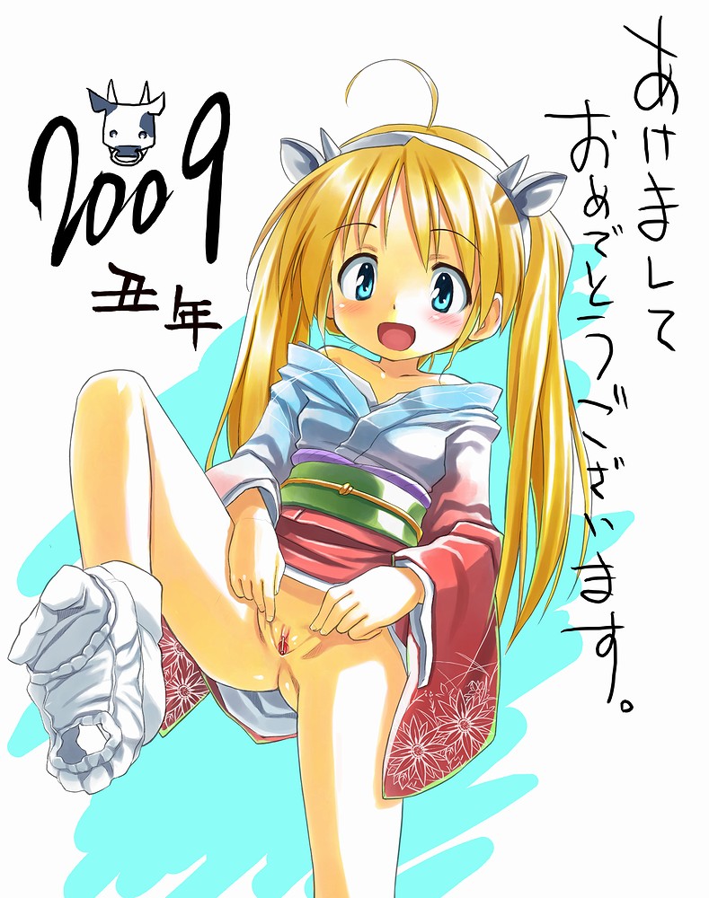 tatata, nagatsuki yuuri, original, clothes, bad id, bad pixiv id, source request, translation request, 1girl, blonde hair, blue eyes, clitoris, feet, female focus, japanese clothes, japanese text, kimono, loli, matches, new year, panties, panties around leg, pussy, socks, solo, spread pussy, spreading own pussy, tadayuu@bh2gataosenai, text focus, underwear, white panties