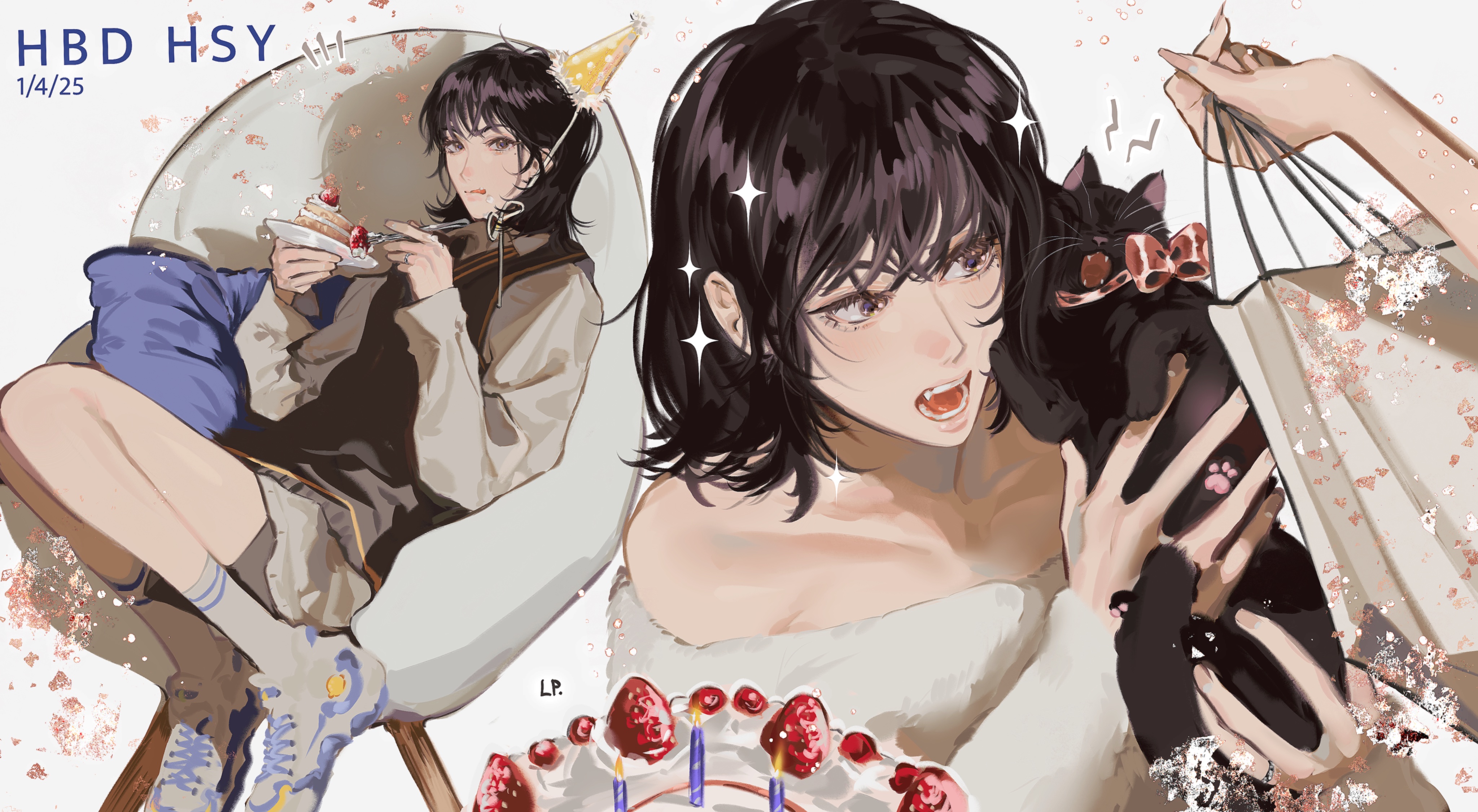 lp (sangkuranak), han sooyoung, omniscient reader's viewpoint, absurdres, highres, 1girl, 1other, :o, animal, bag, black eyes, black hair, black vest, bob cut, breasts, cake, cat, chair, cleavage, dress, eating, food, fork, full body, fur collar, hand up, happy birthday, hat, holding, holding animal, holding bag, holding fork, holding plate, leaning back, multiple views, notice lines, out of frame, party hat, pillow, plate, shirt, short hair, sparkle, strawberry cake, vest, white dress, white shirt