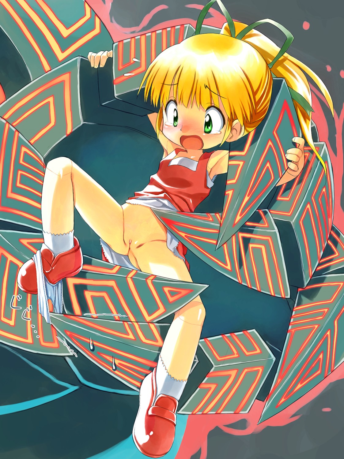tatata, roll (mega man), tokoyami no sumeragi, capcom, mega man (classic), mega man (series), ookami (game), tatsunoko vs. capcom, bad id, bad pixiv id, highres, 1girl, blonde hair, blush, cleft of venus, clitoris, clothes lift, female focus, green eyes, hair ribbon, loli, open mouth, panties, panties around leg, panty pull, pussy, ribbon, skirt, skirt lift, solo, sweat, tadayuu@bh2gataosenai, tears, underwear, white panties