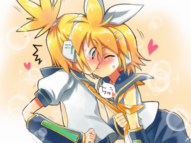 tatata, kagamine len, kagamine rin, vocaloid, bad id, bad pixiv id, 1boy, 1girl, blonde hair, brother and sister, clothes grab, detached sleeves, headband, hetero, incest, kiss, neckwear grab, siblings, surprised, tadayuu@bh2gataosenai, twincest, twins, yamaha