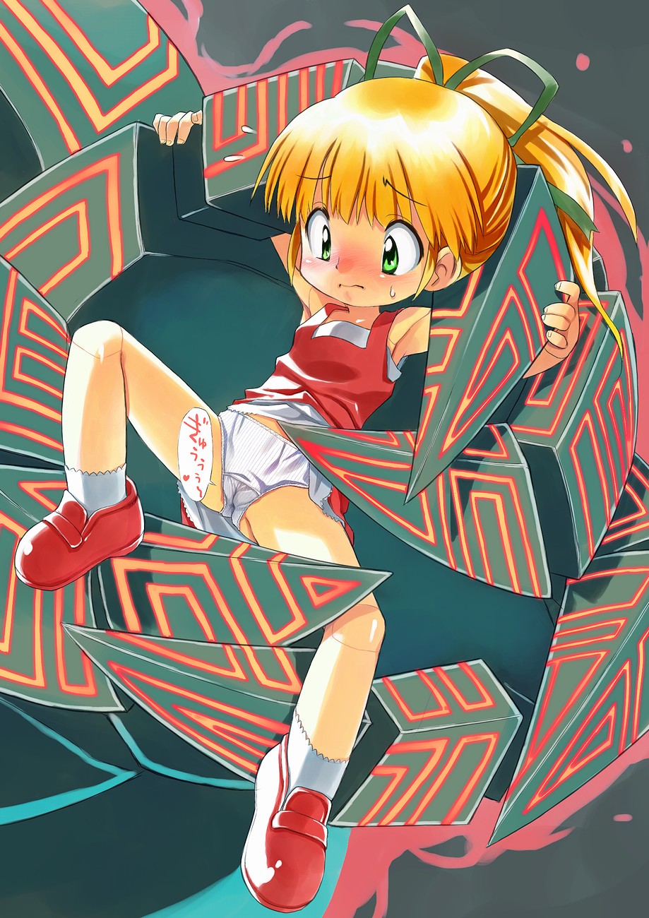 tatata, roll (mega man), tokoyami no sumeragi, capcom, mega man (classic), mega man (series), ookami (game), tatsunoko vs. capcom, bad id, bad pixiv id, highres, translation request, 1girl, blonde hair, blush, cameltoe, clothes lift, female focus, green eyes, hair ribbon, loli, panties, pantyshot, red skirt, ribbon, skirt, skirt lift, solo, spread legs, sweat, tadayuu@bh2gataosenai, underwear, white panties