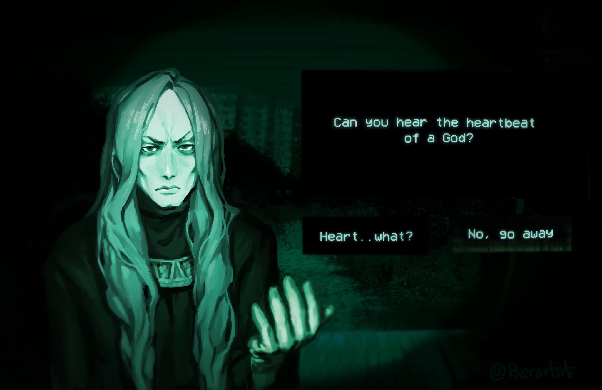 enki (fear & hunger), fear & hunger (series), fear & hunger 1, no i'm not a human, commentary, english commentary, highres, 1boy, berartist, closed mouth, dialogue box, english text, gameplay mechanics, green theme, long hair, looking at viewer, male focus, night vision, parody, robe, solo, upper body
