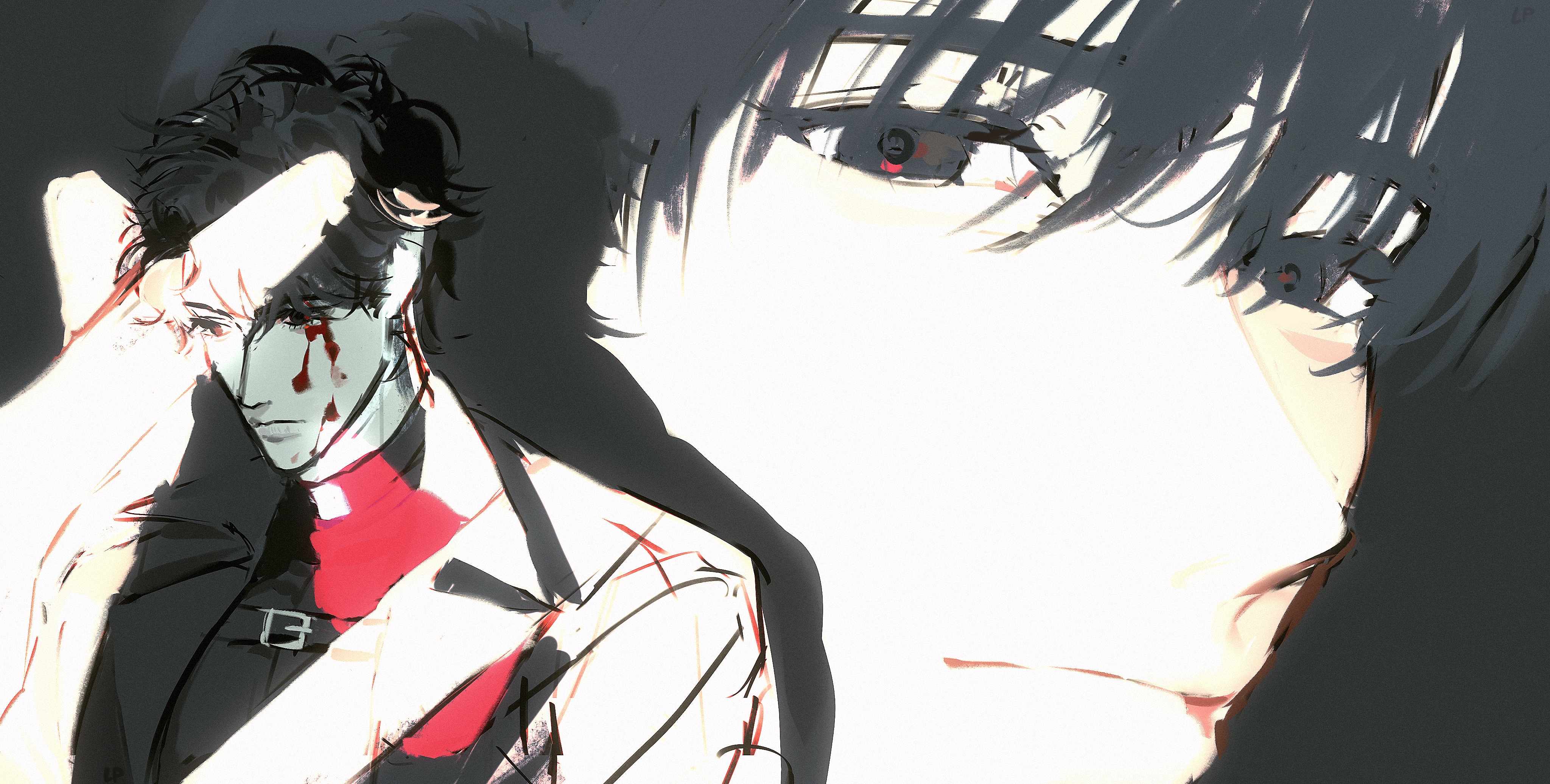 lp (sangkuranak), kim dokja, yoo joonghyuk, omniscient reader's viewpoint, absurdres, highres, 2boys, black coat, black eyes, black hair, black shirt, blank stare, blood, blood on clothes, blood on face, bloody tears, coat, color filter, drop shadow, exhausted, giant, mini person, miniboy, multiple boys, reaching, reaching towards another, shirt, short hair, smile, upper body