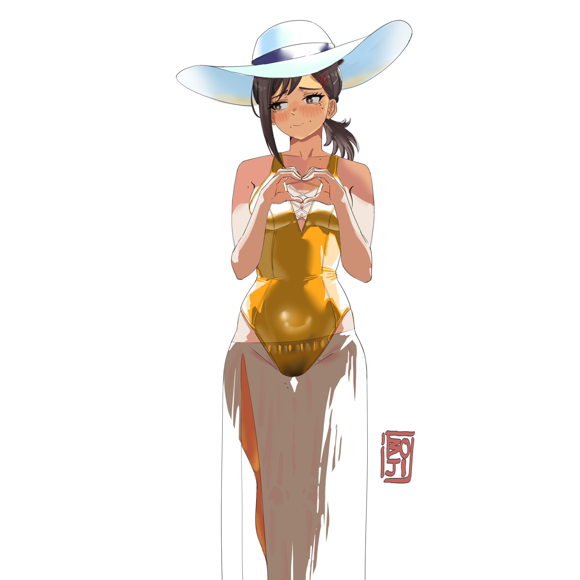 boji norn, higashiyama kobeni, chainsaw man, commentary, english commentary, highres, 1girl, alternate costume, artist name, breasts, brown eyes, brown hair, closed mouth, gold one-piece swimsuit, hair ornament, hairclip, hat, heart, heart hands, highleg, highleg one-piece swimsuit, mole, mole under eye, mole under mouth, one-piece swimsuit, ponytail, simple background, single sidelock, small breasts, solo, sun hat, swimsuit, white background, white hat