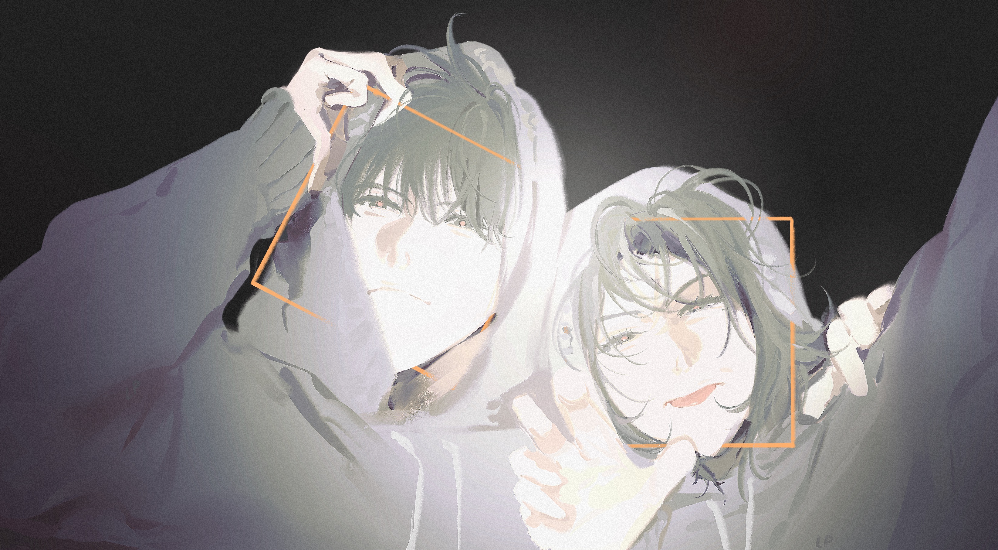lp (sangkuranak), han sooyoung, kim dokja, omniscient reader's viewpoint, absurdres, highres, 2boys, :p, adjusting hood, black eyes, black hair, camera flash, claw pose, grey hoodie, hand on another's arm, hood, hood up, hoodie, leukocoria, looking at viewer, multiple boys, pov, recording, red pupils, selfie, short hair, smile, taking picture, tongue, tongue out, upper body, viewfinder