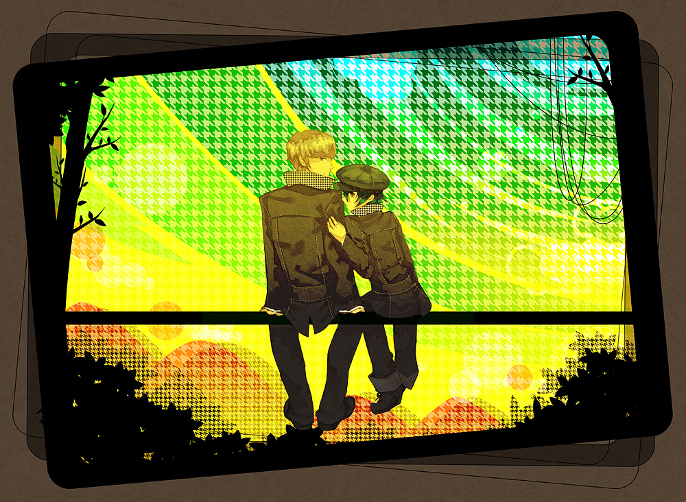 bac, narukami yu, shirogane naoto, atlus, persona, persona 4, bad id, bad pixiv id, 1boy, 1girl, androgynous, couple, hat, hetero, houndstooth, looking back, newsboy cap, reverse trap, school uniform, short hair, sitting