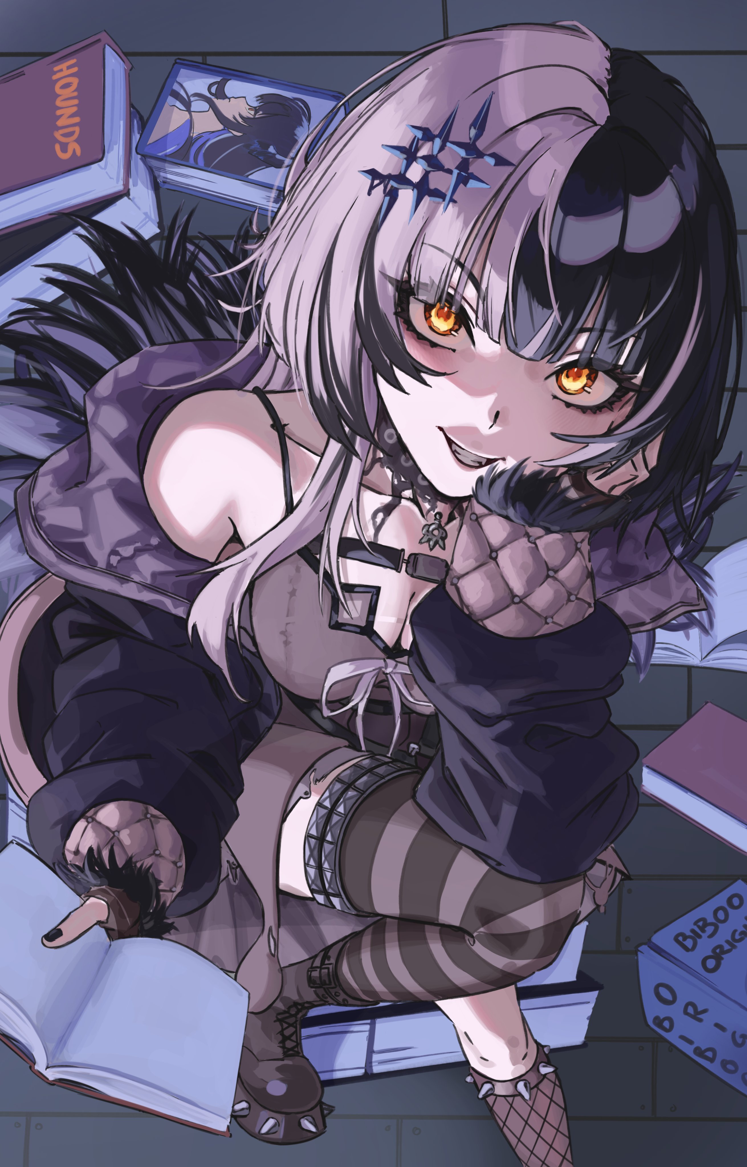 huemar tanuki, nerissa ravencroft, shiori novella, shiori novella (1st costume), hololive, hololive english, absurdres, commentary, english commentary, highres, 1girl, black boots, black choker, black coat, black dress, black hair, black nails, black thighhighs, book, boots, breasts, choker, cleavage, coat, dress, fur-trimmed coat, fur trim, grey hair, grey ribbon, grin, hand on own cheek, hand on own face, holding, holding book, long hair, looking at viewer, medium breasts, multicolored hair, single thighhigh, smile, solo, split-color hair, striped clothes, striped thighhighs, teeth, thighhighs, two-tone hair, virtual youtuber, yellow eyes