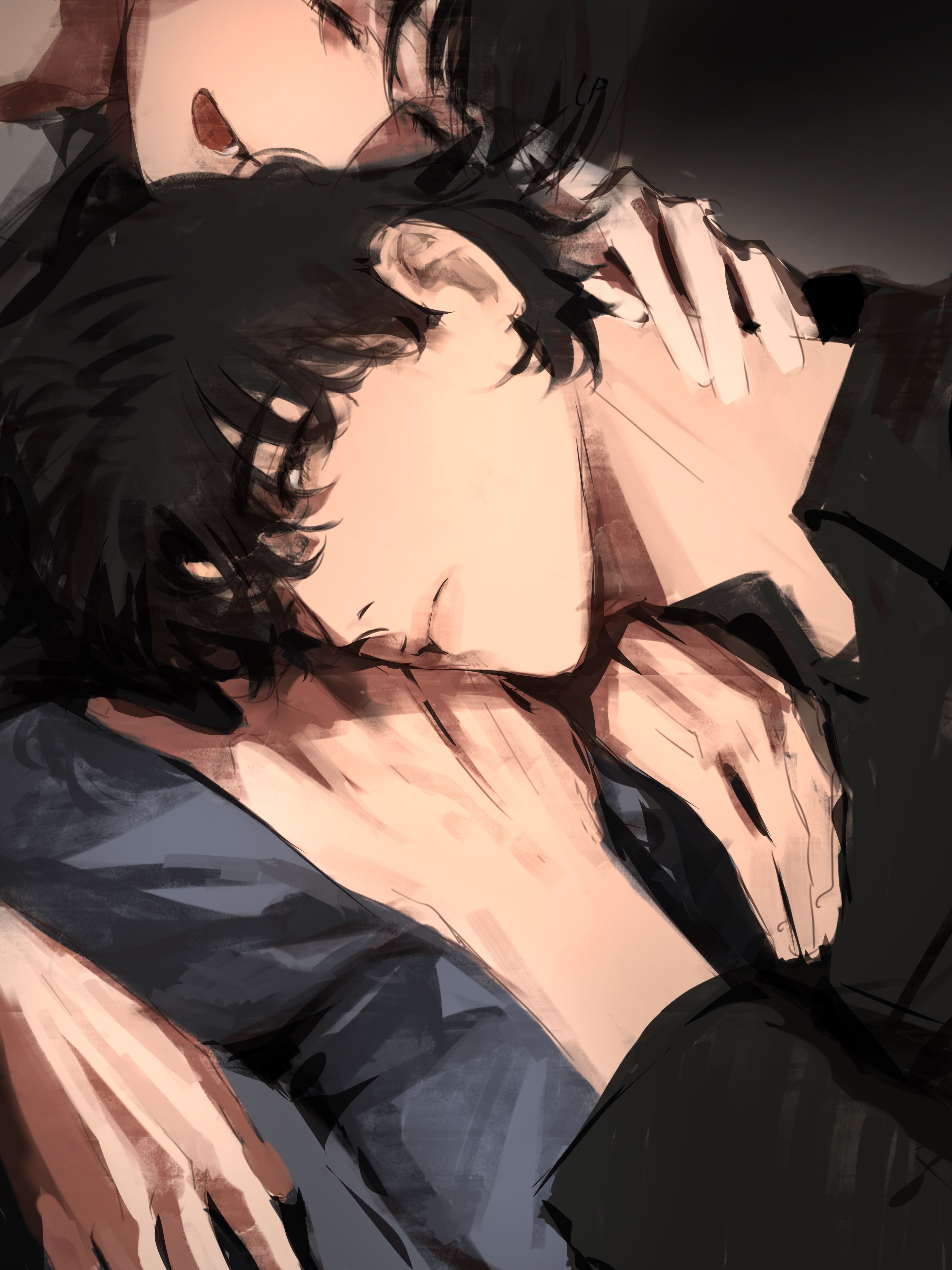 lp (sangkuranak), kim dokja, yoo joonghyuk, omniscient reader's viewpoint, absurdres, highres, 2boys, black eyes, black hair, closed eyes, hand on another's neck, lap pillow, looking at viewer, male focus, multiple boys, open mouth, short hair, slouching, yaoi