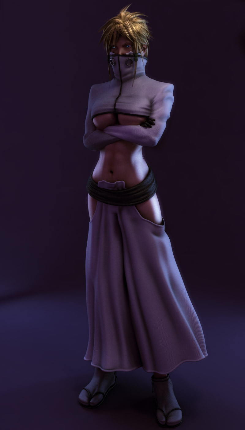 wen jr, tier harribel, bleach, highres, 00s, 1girl, 3d, arrancar, blonde hair, blue eyes, breasts, crop top, crossed arms, dark-skinned female, dark skin, female focus, hollow (bleach), large breasts, number tattoo, solo, tabi, tattoo, underboob