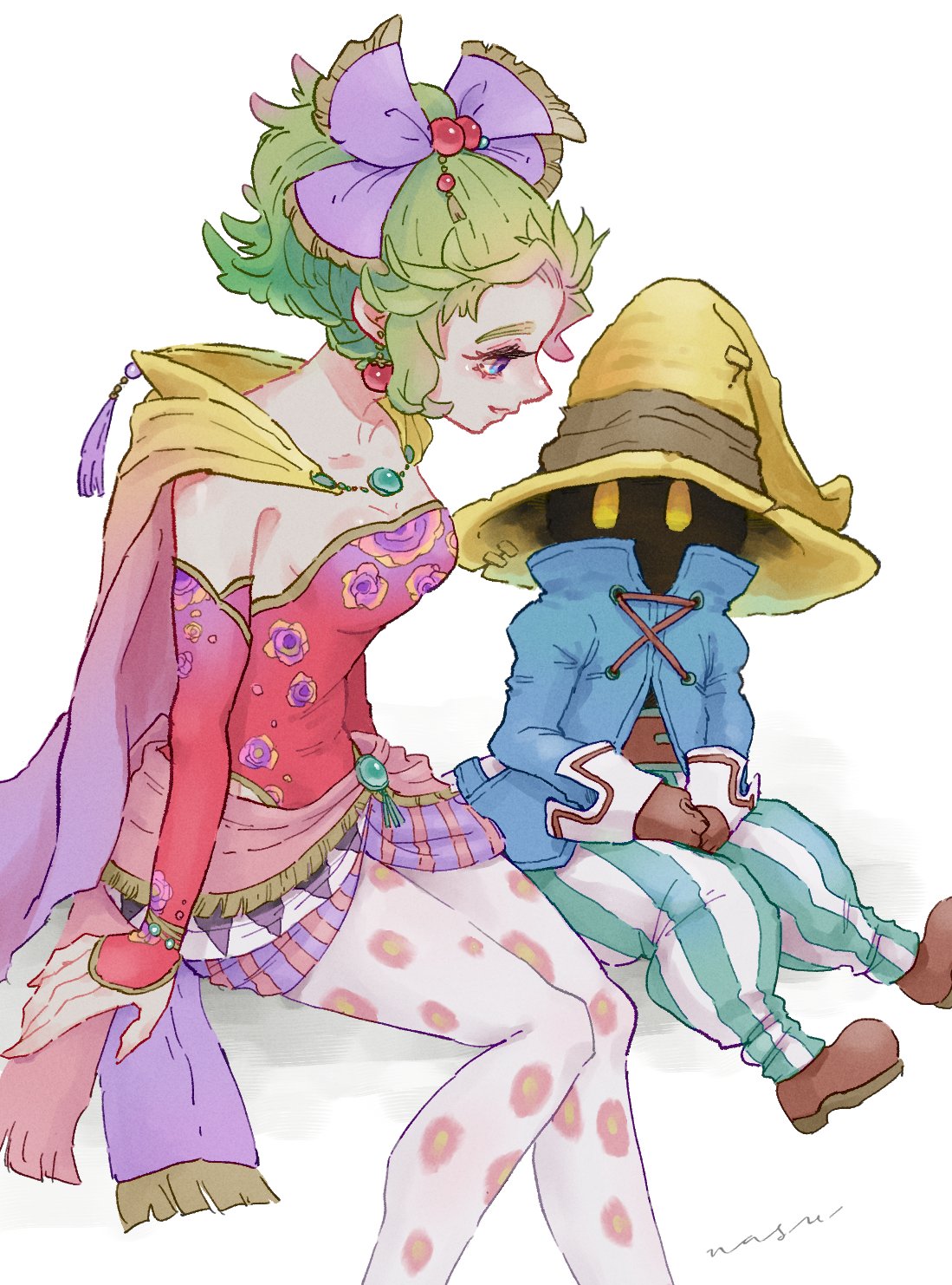 eakanasu, black mage (final fantasy), tina branford, vivi ornitier, final fantasy, final fantasy ix, final fantasy vi, highres, 1boy, 1girl, artist name, blue coat, blue eyes, boots, breasts, brown boots, brown gloves, cape, cleavage, coat, detached sleeves, dress, earrings, feet out of frame, full body, gloves, gold trim, gradient cape, green hair, hair bobbles, hair ornament, hair ribbon, hat, jewelry, long hair, looking at another, medium breasts, pants, pantyhose, parted bangs, pink cape, ponytail, print pantyhose, purple ribbon, red dress, ribbon, sash, sitting, striped clothes, striped pants, waist sash, white background, wizard hat, yellow cape, yellow eyes