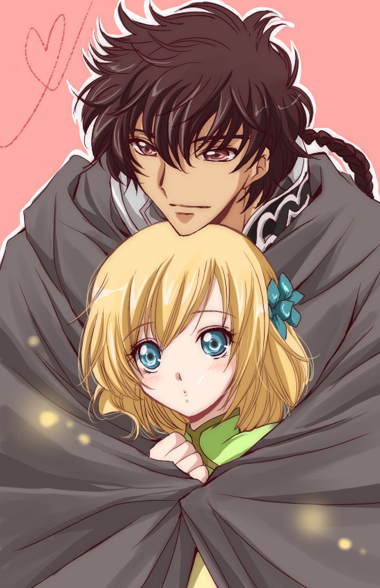 akina tsukako, asvin, ashihara chihiro, ashvin, harukanaru toki no naka de, harukanaru toki no naka de 4, bad id, bad pixiv id, 00s, aqua eyes, blonde hair, blush, braid, brown hair, hug, short hair