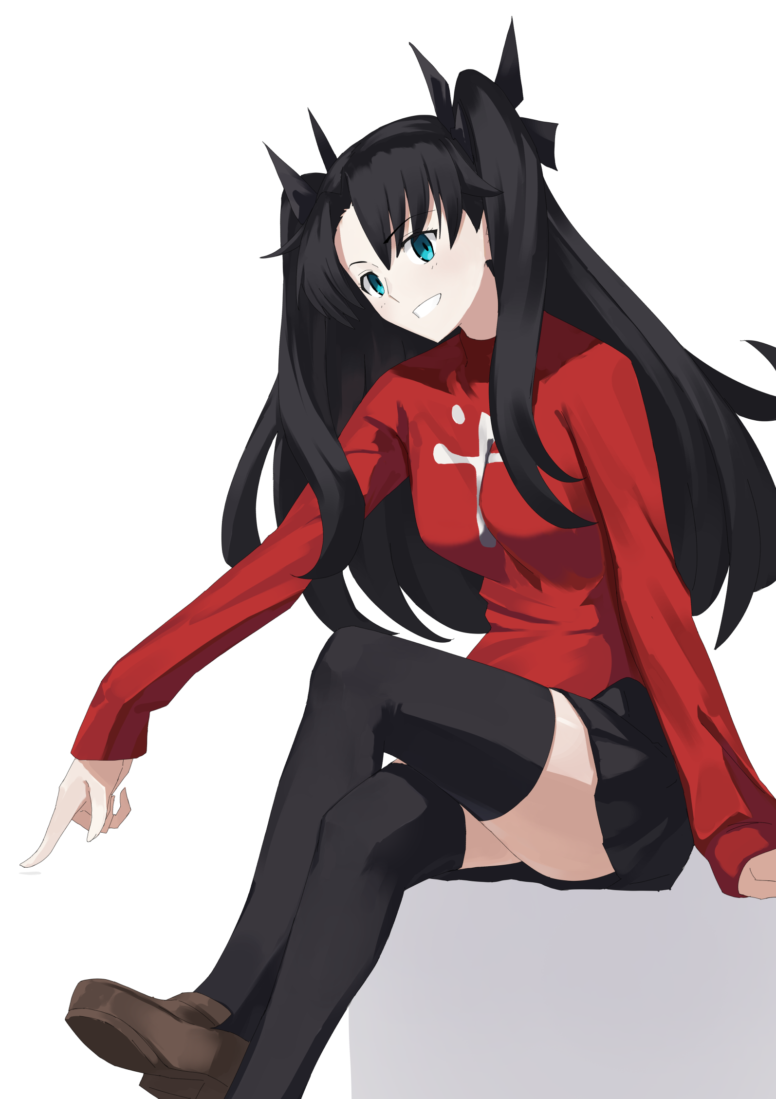 tsukinaga, tohsaka rin, fate/stay night, fate (series), highres, 1girl, black hair, black skirt, black thighhighs, blue eyes, breasts, crossed legs, grin, medium breasts, miniskirt, pleated skirt, simple background, sitting, skirt, smile, solo, thighhighs, thighs, turtleneck, two side up, white background, zettai ryouiki