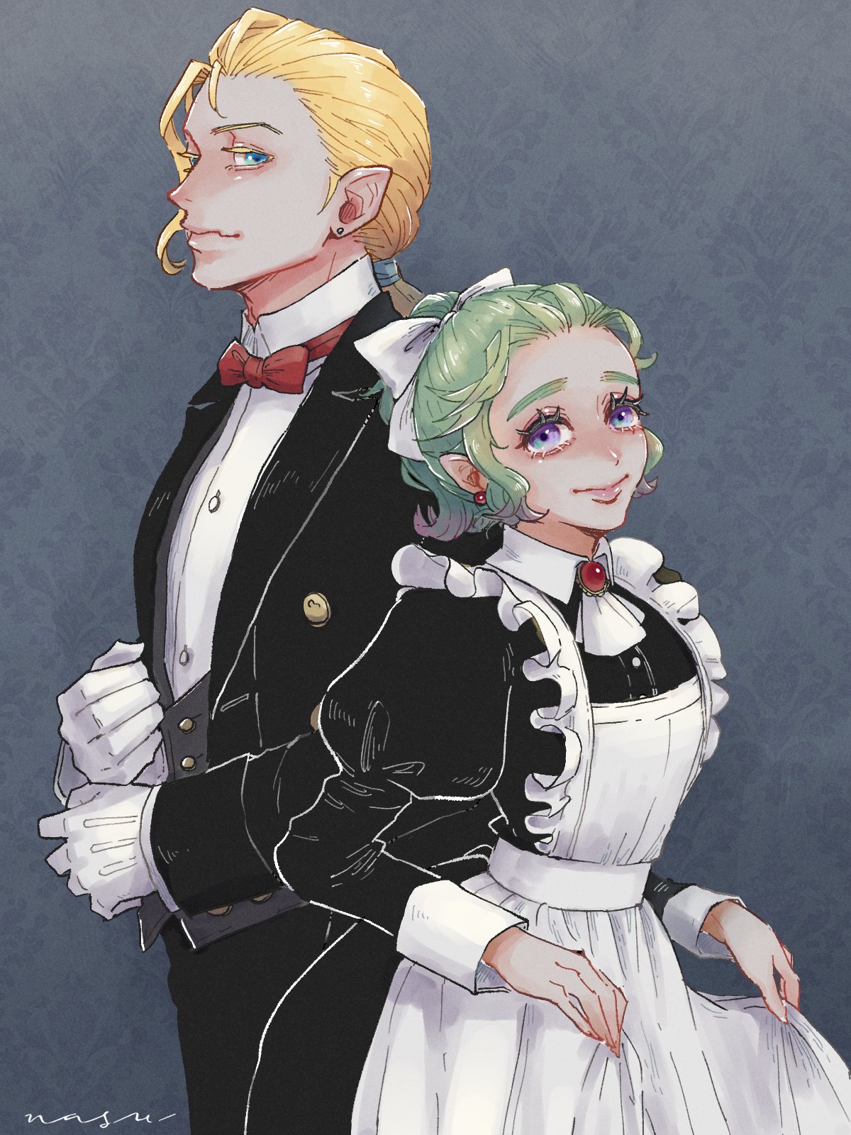 eakanasu, edgar roni figaro, tina branford, final fantasy, final fantasy vi, highres, alternate costume, apron, artist name, ascot, black dress, black jacket, black pants, black suit, blonde hair, blue eyes, bow, bowtie, breasts, butler, closed mouth, collarbone, collared dress, cowboy shot, dress, earrings, formal clothes, gem, gloves, green hair, grey background, grey vest, hair bow, hair tie, jacket, jewelry, juliet sleeves, long sleeves, looking at viewer, low ponytail, maid, maid apron, medium breasts, official alternate costume, pants, pointy ears, ponytail, puffy sleeves, red bow, red bowtie, red gemstone, shirt, suit, suit jacket, vest, waistcoat, white ascot, white bow, white gloves, white shirt
