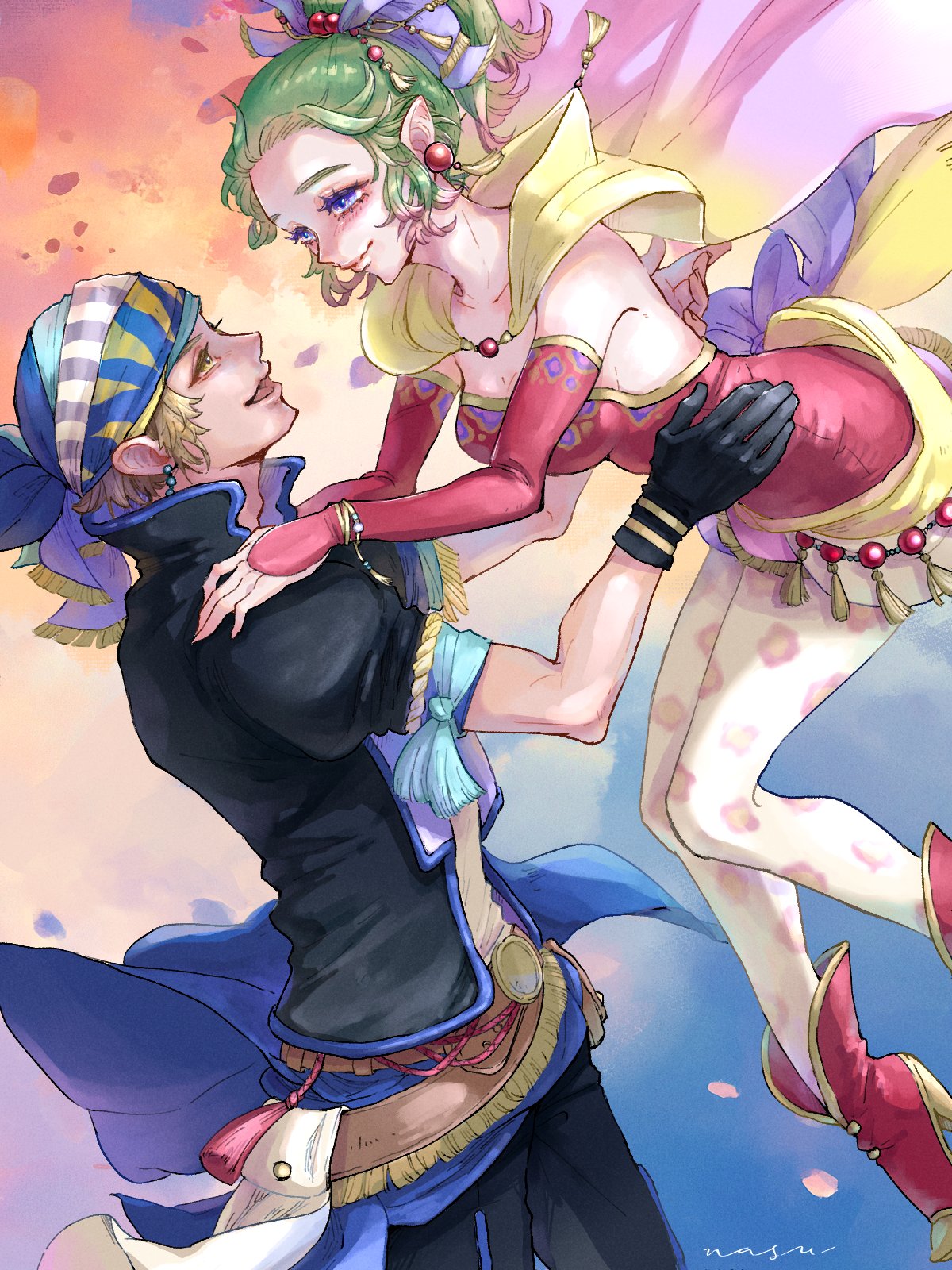 eakanasu, locke cole, tina branford, final fantasy, final fantasy vi, highres, 1boy, 1girl, arm ribbon, artist name, black gloves, black jacket, black pants, blue eyes, blue ribbon, boots, breasts, brown eyes, cape, cleavage, couple, cowboy shot, detached sleeves, dress, earrings, gloves, gold trim, gradient cape, green hair, grey hair, hair bobbles, hair ornament, hair ribbon, headscarf, hetero, jacket, jewelry, long hair, looking at another, medium breasts, open mouth, pants, pantyhose, parted bangs, pink cape, ponytail, print pantyhose, purple ribbon, red boots, red dress, red sleeves, ribbon, sash, shirt, short dress, short hair, sideboob, single glove, smile, strapless, strapless dress, waist sash, white shirt, yellow cape