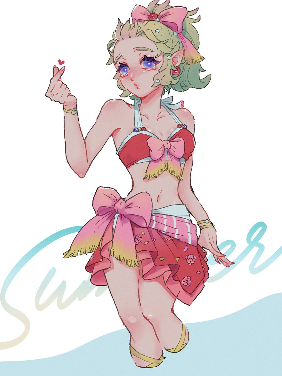eakanasu, tina branford, final fantasy, final fantasy vi, highres, 1girl, bare shoulders, bikini, bikini skirt, blue eyes, bow, bracelet, breasts, cleavage, cowboy shot, cropped legs, earrings, final fantasy record keeper, green hair, hair bow, jewelry, long hair, looking at viewer, medium breasts, midriff, navel, official alternate costume, pink bow, ponytail, red bikini, red skirt, sash, sidelocks, skirt, solo, summer, swimsuit, waist sash