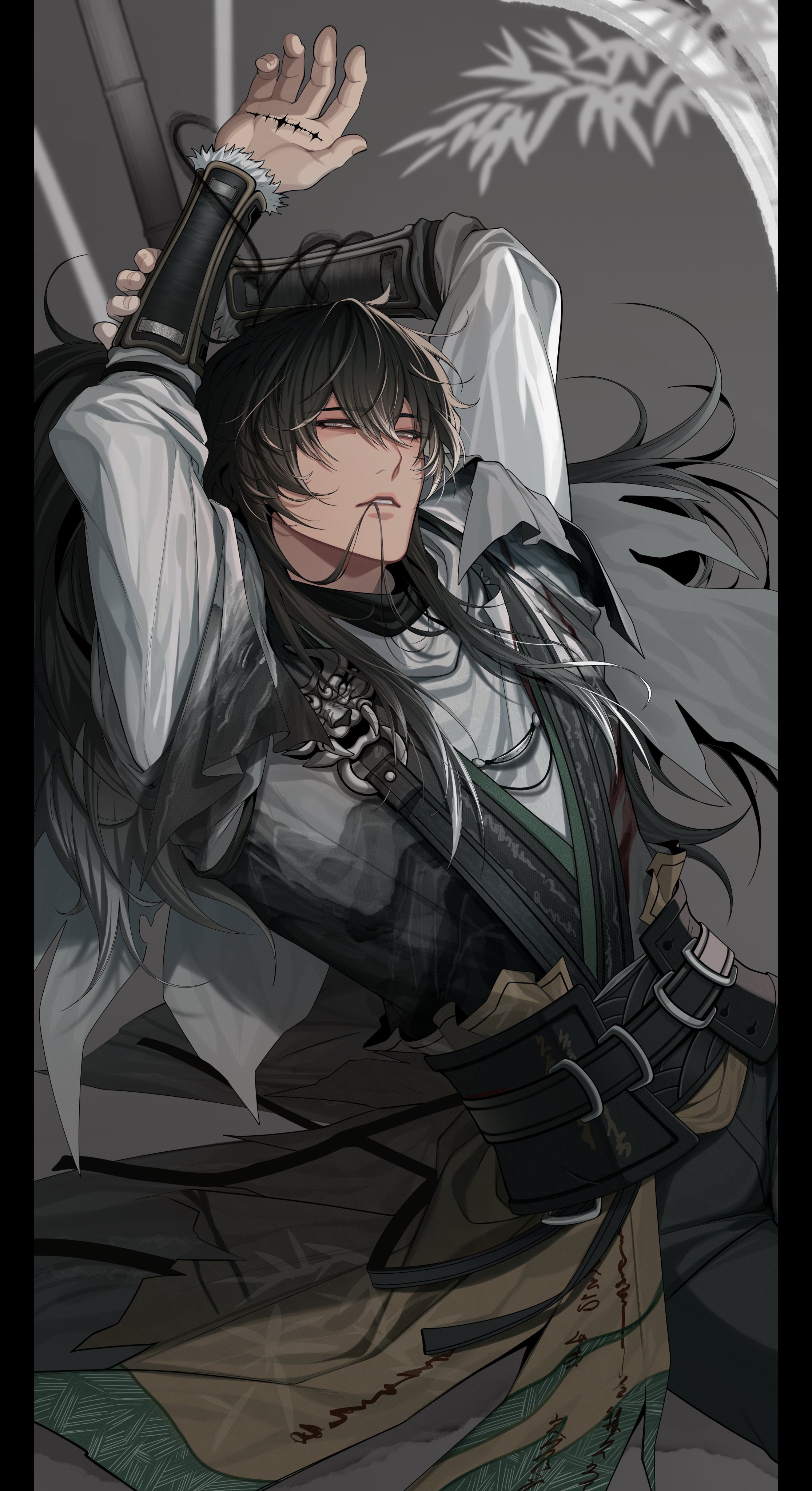 qiuyuan (wuthering waves), wuthering waves, absurdres, hashtag-only commentary, highres, 1boy, black hair, chinese clothes, closed mouth, gradient hair, hair between eyes, hair in own mouth, long hair, male focus, multicolored hair, pillarboxed, solo, streaked hair, tacet mark (wuthering waves), teeth, wanxiaoyinghua, white hair