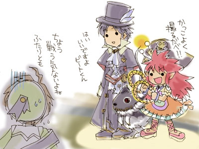 fuju, beat, beat (trusty bell), frederic chopin (trusty bell), salsa, salsa (trusty bell), trusty bell, lowres, translation request, 1girl, 2boys, beret, bicorne, gloom (expression), hat, multiple boys, top hat