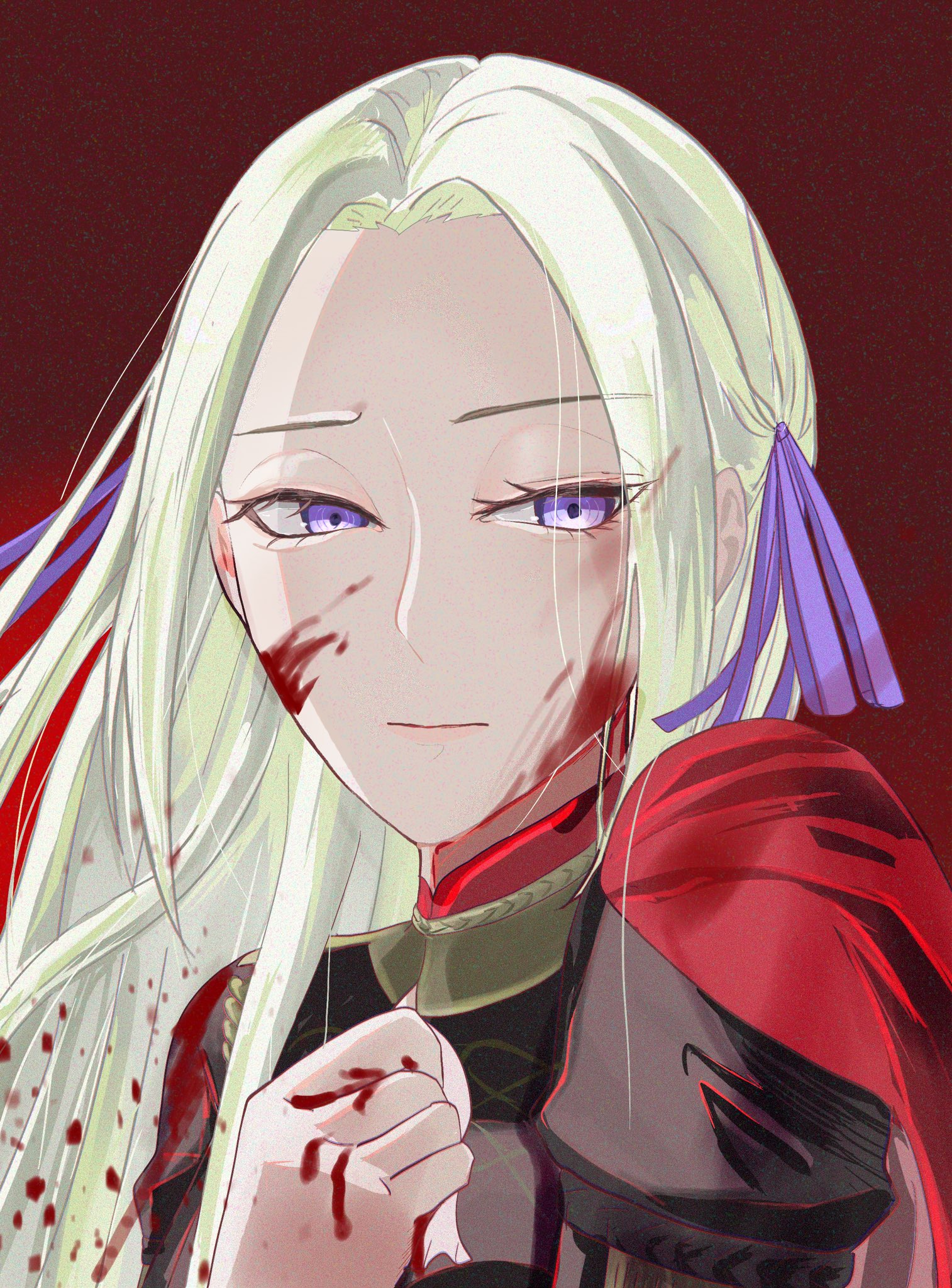 edelgard von hresvelg, fire emblem, fire emblem: three houses, nintendo, highres, 1girl, bife, blood, blood on face, garreg mach monastery uniform, hair ribbon, long hair, purple eyes, purple ribbon, ribbon, solo, white hair