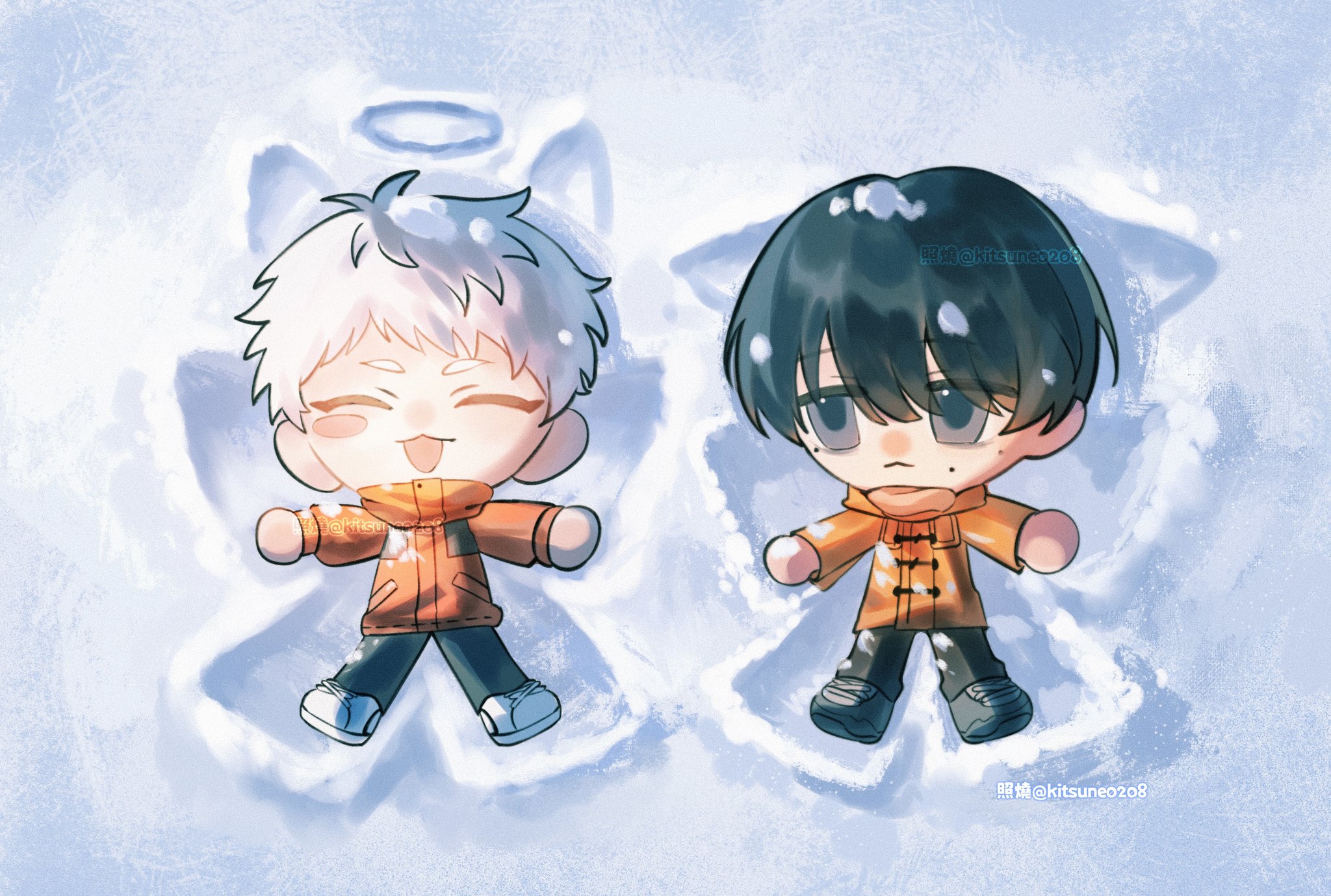 indou hikaru, tsujinaka yoshiki, hikaru ga shinda natsu, highres, 2boys, black hair, closed eyes, closed mouth, kitsune0208, looking at another, male focus, mole, mole on cheek, mole under eye, multiple boys, multiple moles, open mouth, outstretched arms, shirt, short hair, snow, snow angel, spread arms, twitter username, white hair, white shirt, winter clothes