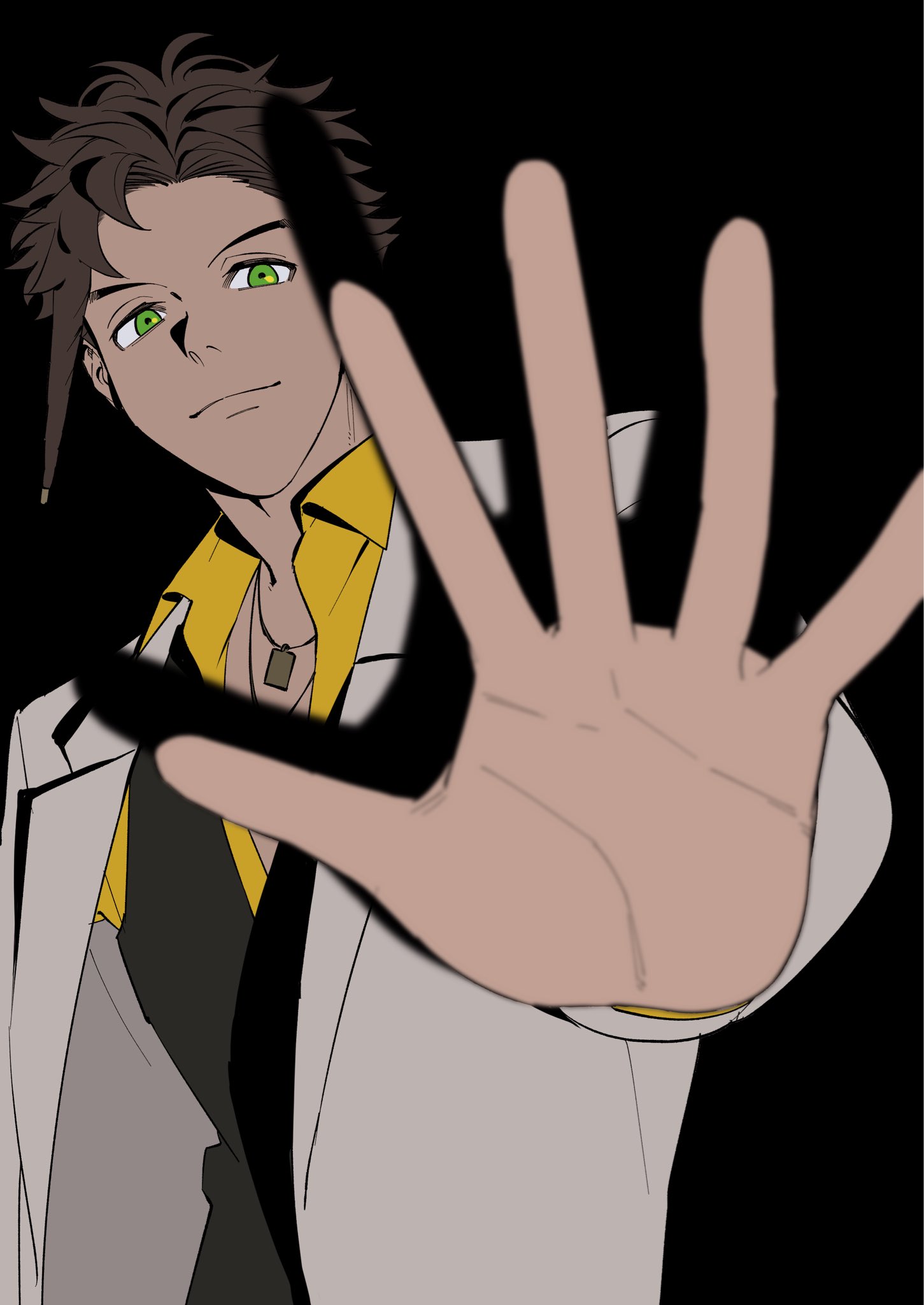 mkpj32, claude von riegan, fire emblem, fire emblem: three houses, nintendo, highres, 1boy, brown hair, contemporary, dark-skinned male, dark skin, green eyes, jewelry, looking at viewer, necklace, pov, solo