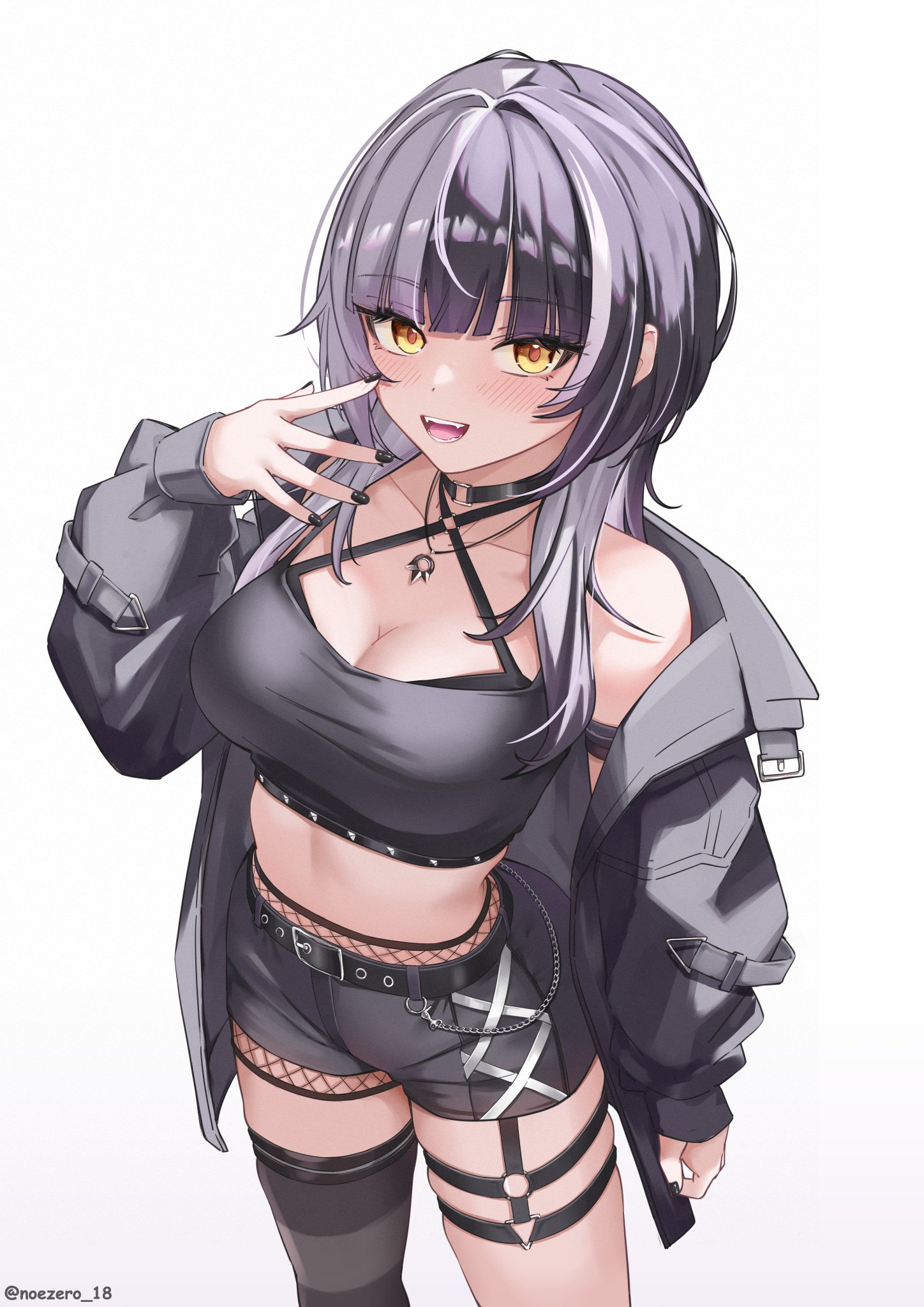 noeee, shiori novella, hololive, hololive english, highres, 1girl, alternate costume, black hair, black jacket, black nails, black shorts, black thighhighs, breasts, cleavage, crop top, fishnet shorts, grey hair, jacket, large breasts, long hair, looking at viewer, multicolored hair, open mouth, short shorts, shorts, single thighhigh, solo, split-color hair, teeth, thighhighs, two-tone hair, virtual youtuber, yellow eyes