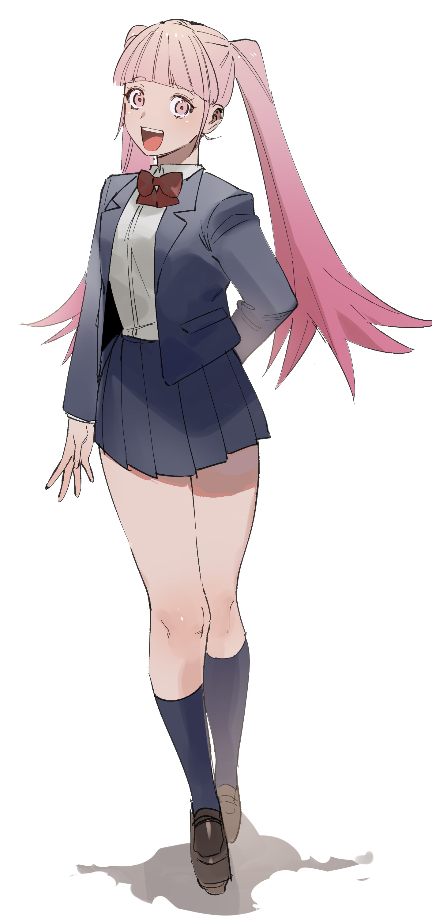 mkpj32, hilda valentine goneril, fire emblem, fire emblem: three houses, nintendo, absurdres, highres, 1girl, blunt bangs, bow, bowtie, contemporary, long hair, open mouth, pink eyes, pink hair, pleated skirt, school uniform, skirt, twintails