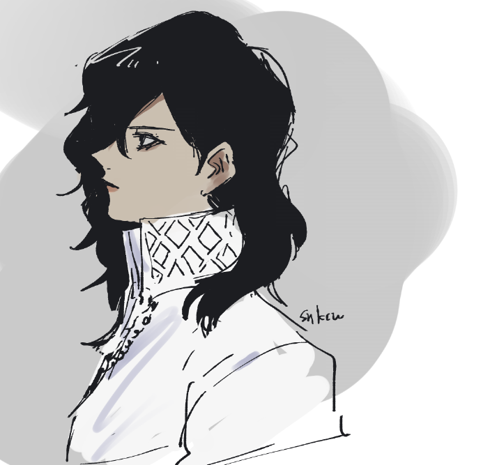 konbanha06, jenna angel, digital devil saga, 1girl, artist name, bags under eyes, black hair, collar, from side, medium hair, profile, shirt, signature, sketch, solo, upper body, white collar, white shirt