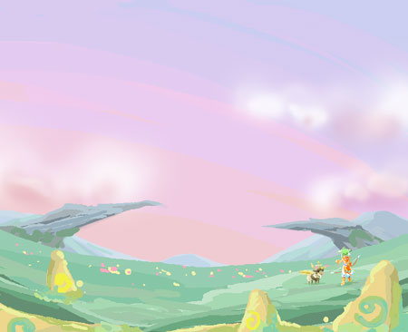 fuju, viola, trusty bell, lowres, 1girl, blonde hair, bow (weapon), cliff, cloud, day, female focus, field, from side, full body, grass, long hair, multiple girls, nature, outdoors, plant, rock, scenery, sky, standing, very long hair, very wide shot, weapon