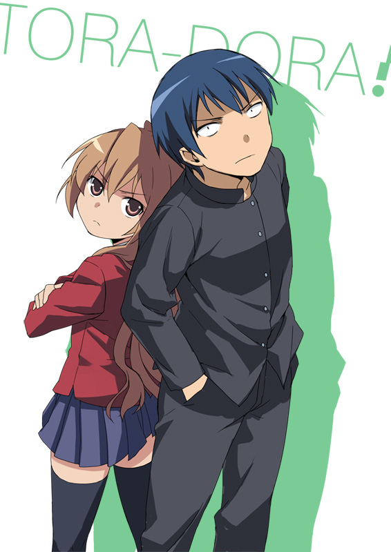 b.k., ichikura (bk), aisaka taiga, takasu ryuuji, toradora!, bad id, bad pixiv id, 00s, 1boy, 1girl, back-to-back, from above, looking up, thighhighs, zettai ryouiki