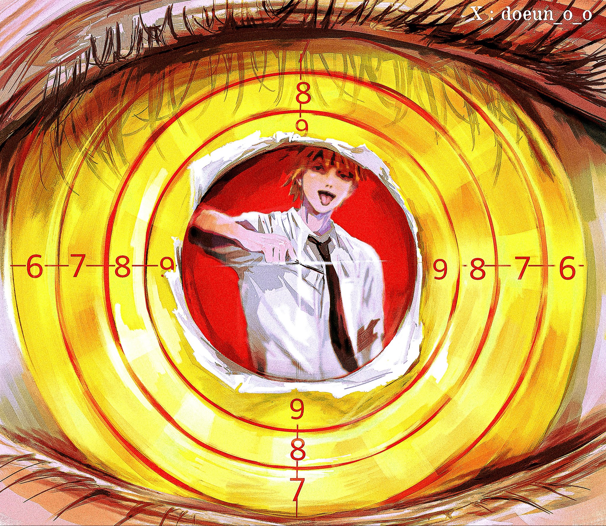 denji (chainsaw man), makima (chainsaw man), chainsaw man, highres, 1boy, 1girl, artist name, black necktie, collared shirt, cord pull, doeun o o, eye focus, eye reflection, necktie, open mouth, pull cord, reflection, ringed eyes, shirt, target, tongue, tongue out, white shirt, yellow eyes